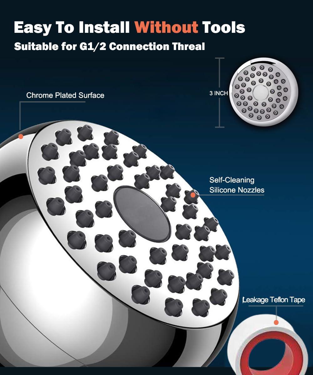 High Pressure Shower Head 3 Inches Showerhead Chrome with Adjustable Swivel Brass Ball Joint Best Pressure Boosting, Wall Mount,Fixed, Bathroom Showerhead For Low Flow Showers Anti-clog leak - Image 3