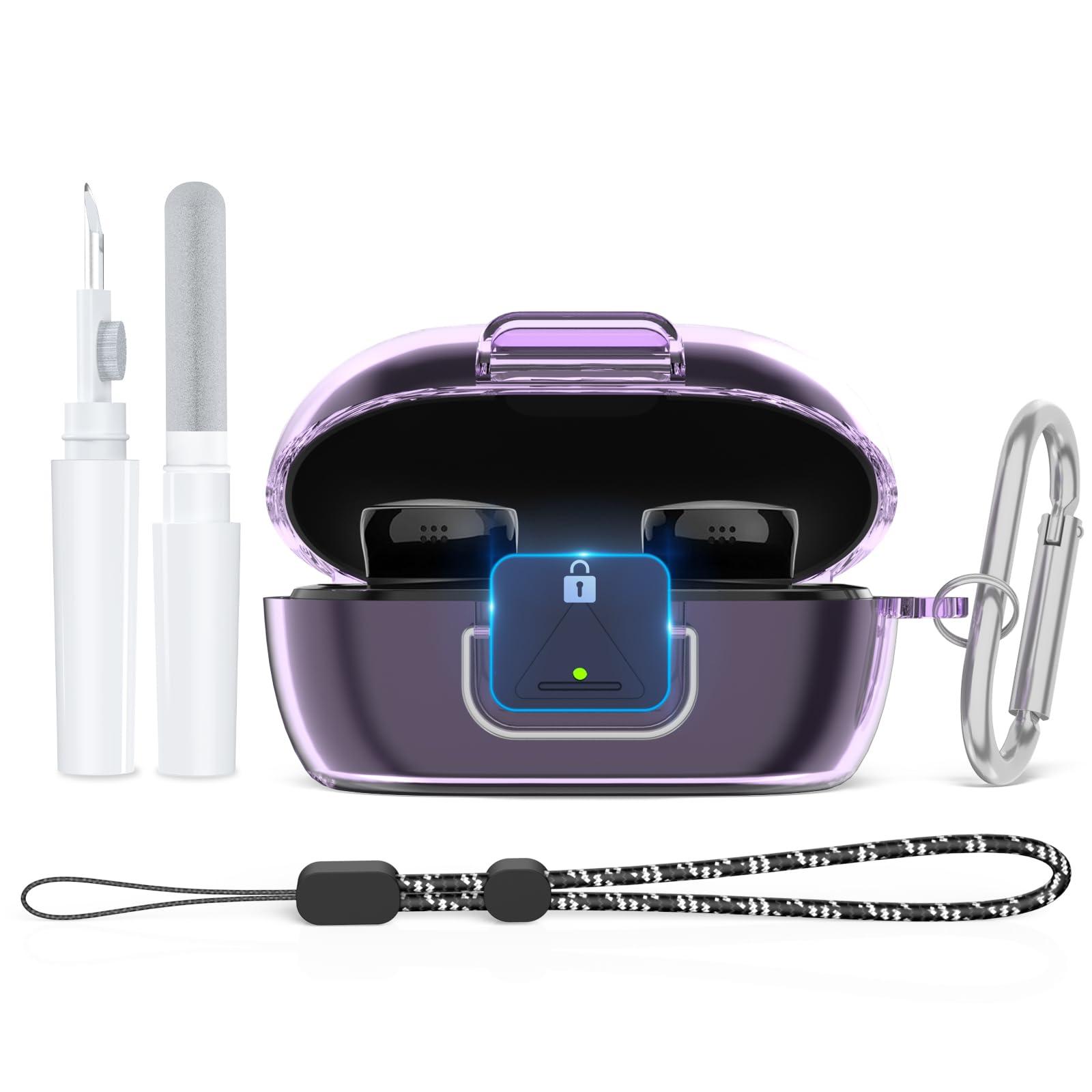 Secure Lock Case for New Bose QuietComfort Earbuds Case(2024), Clear TPU Shockproof Protective Cover for Bose QuietComfort Earbuds 2024 with Cleaning Kit& Keychain&Lanyard (Clear Purple)