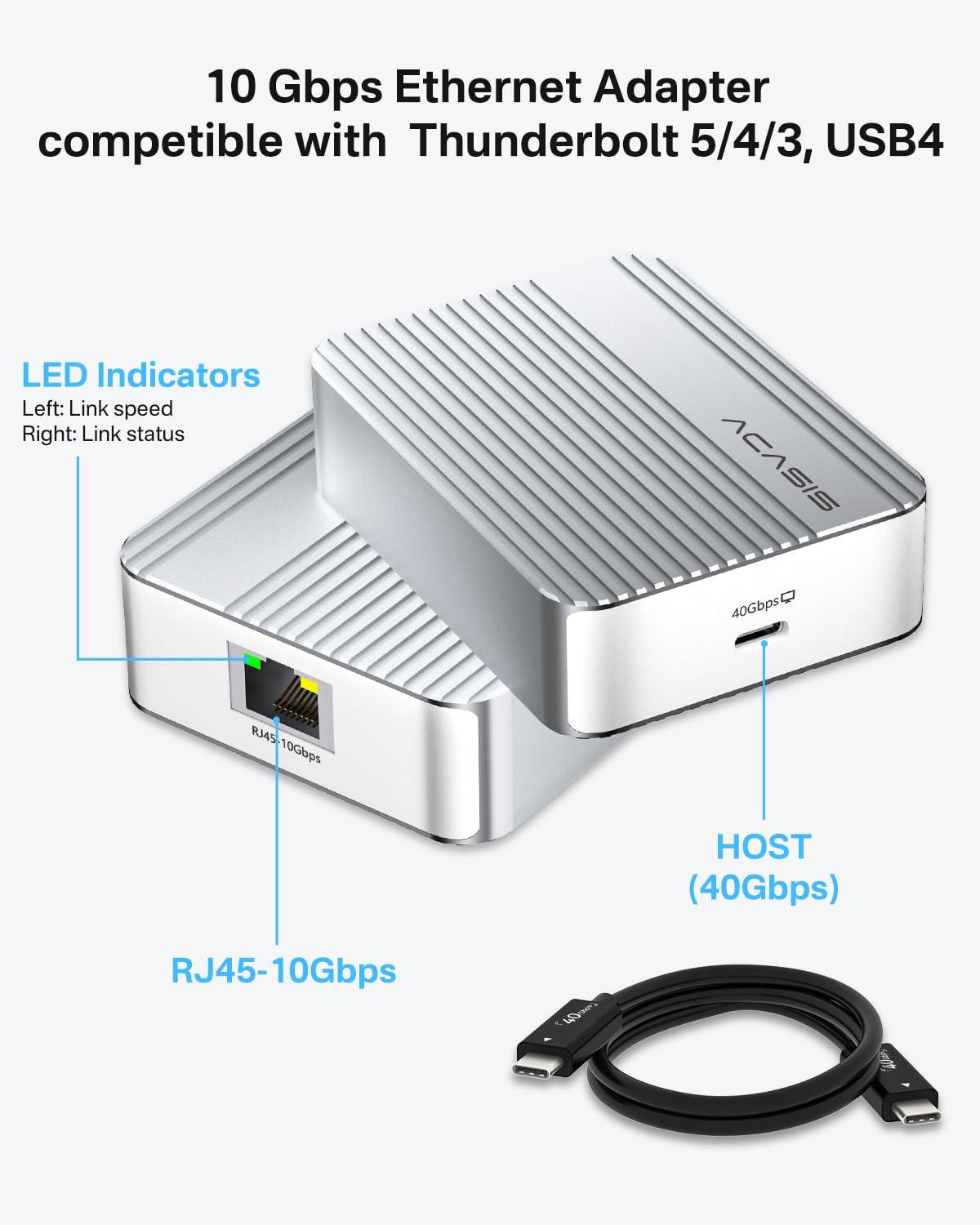 ACASIS 10Gb Ethernet Adapter, High-Speed RJ45 Network Connections Compatible with Thunderbolt 3/4 or USB4 Ports, 10gbe USB C Ethernet Adapter Supports 10/5/2.5/1Gbps 100Mb/s Base-T for Mac/Win - Image 2
