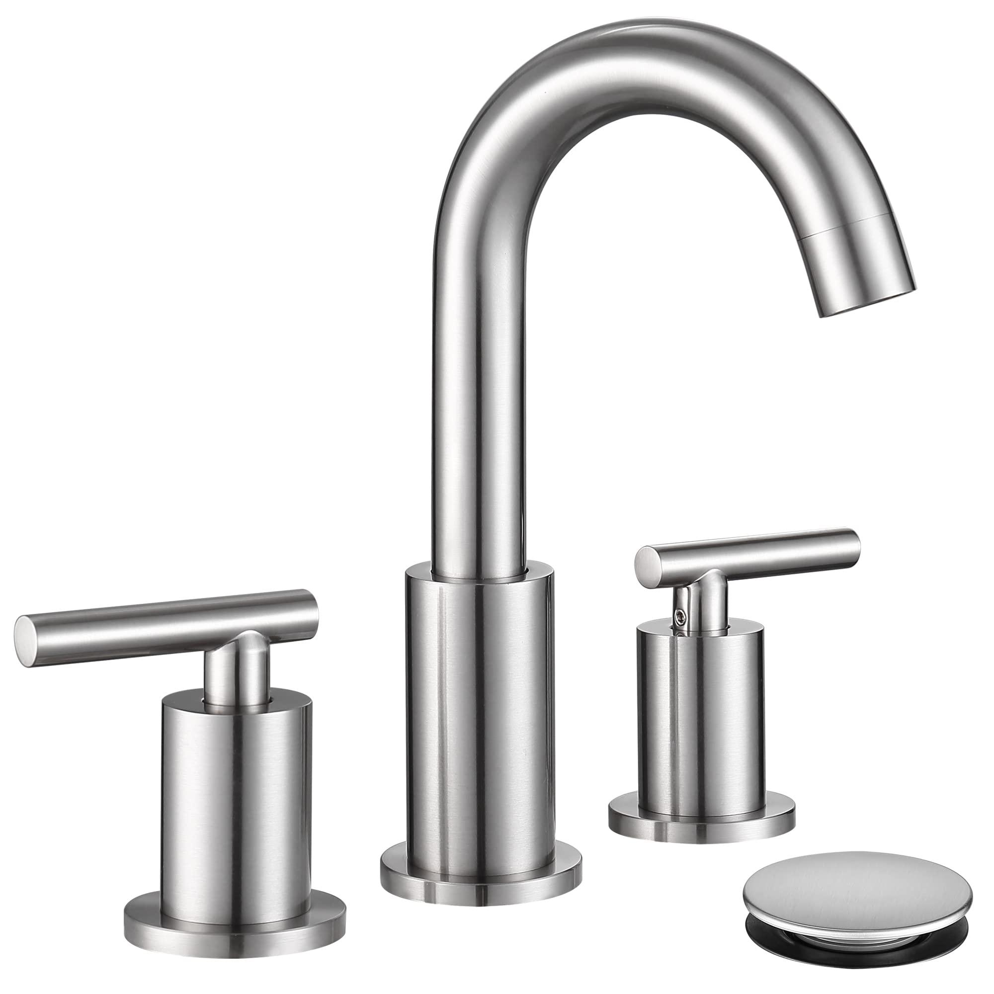 Widespread Bathroom Faucet with Sink Drain and Supply Hose, Brushed Nickel 3 Hole Faucet for Bathroom Sink, ChiLDano Satin Nickel 2 Handle Bathroom Faucet CH2183BN