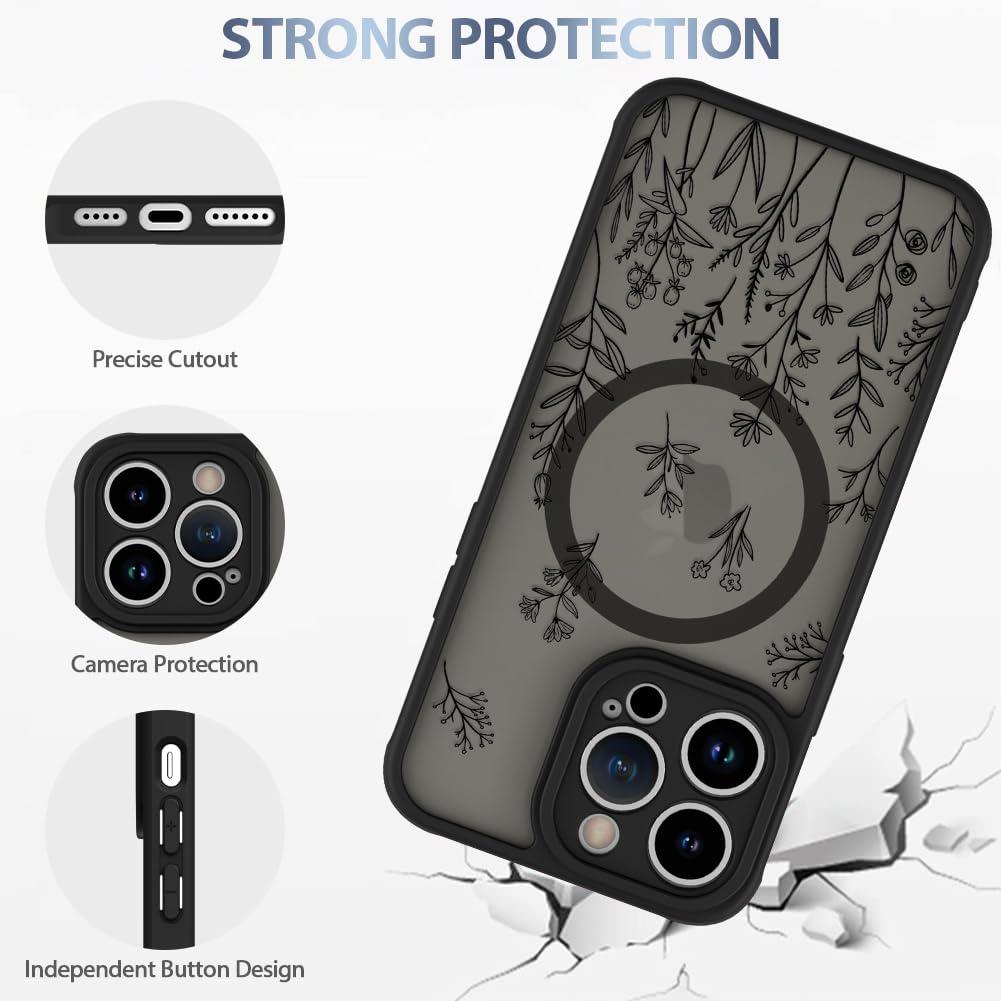 AIGOMARA Magnetic Case for iPhone 14 Pro [Compatible with MagSafe] Cute Black Flower Floral Case for Women Girls Soft TPU Bumper Hard PC Back Anti-Fall Shockproof Protective Slim Cover - Image 4