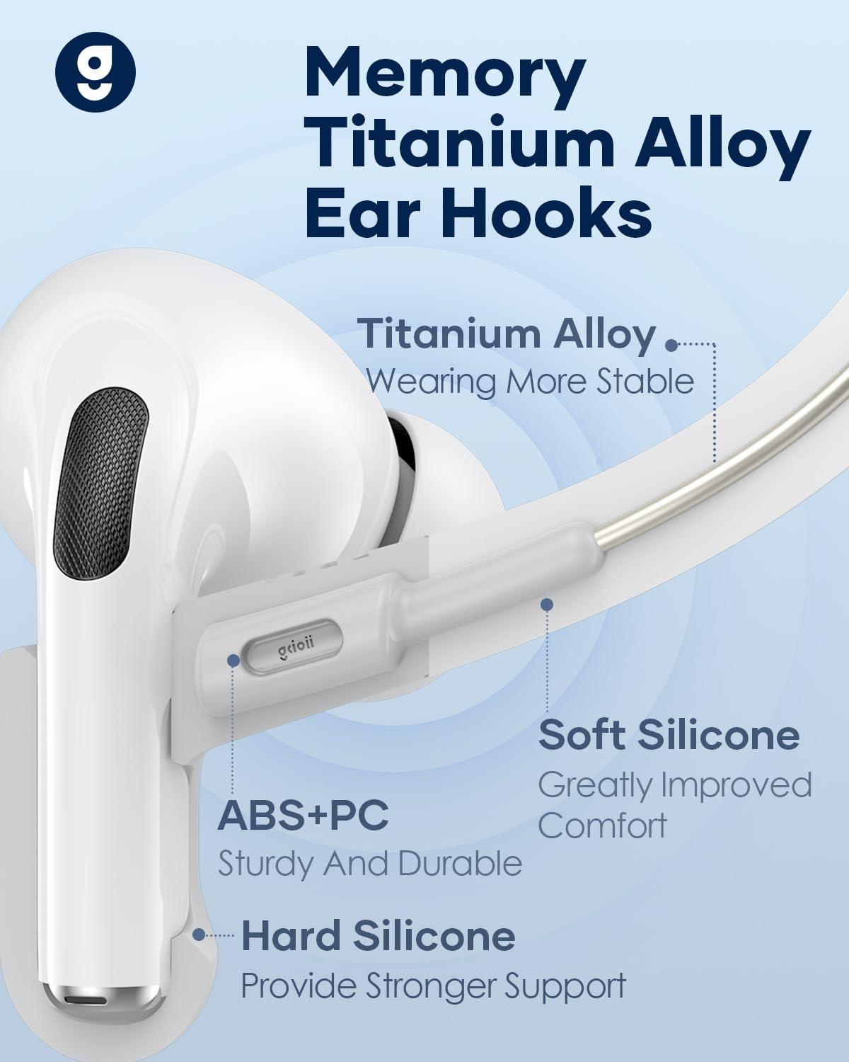 Gcioii Memory Titanium Alloy Ear Hooks for AirPods Pro 2, AirPods Pro, AirPods 3 [Added Anti-Lost Lanyard], Anti-Slip Sports Accessories Ear Hooks, Comfortable Fit (White) - Image 2