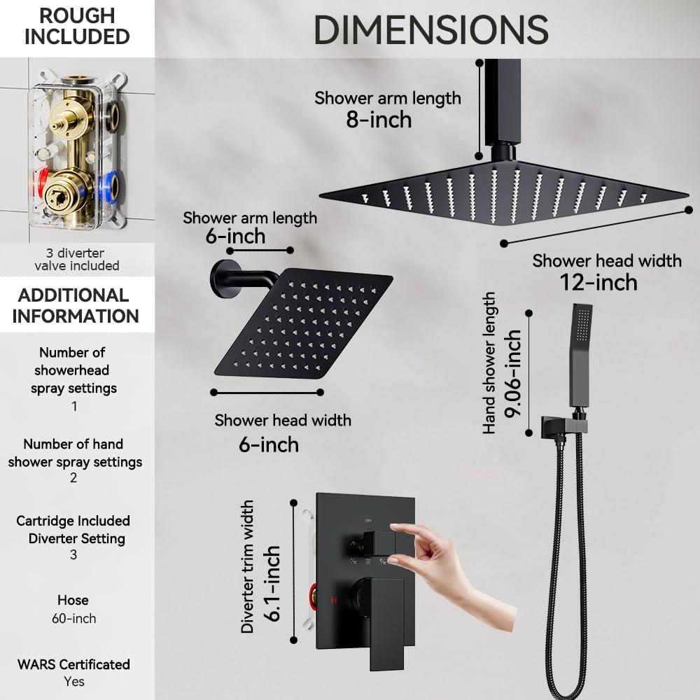 Shower Faucet Set Ceiling Shower System, STARBATH 12+6" Dual Rain Shower Head with Handheld Spray for Two People,Rainfall 3 Way Shower Valve with 5 Diverter and Trim Kit Complete, Matte Black - Image 6