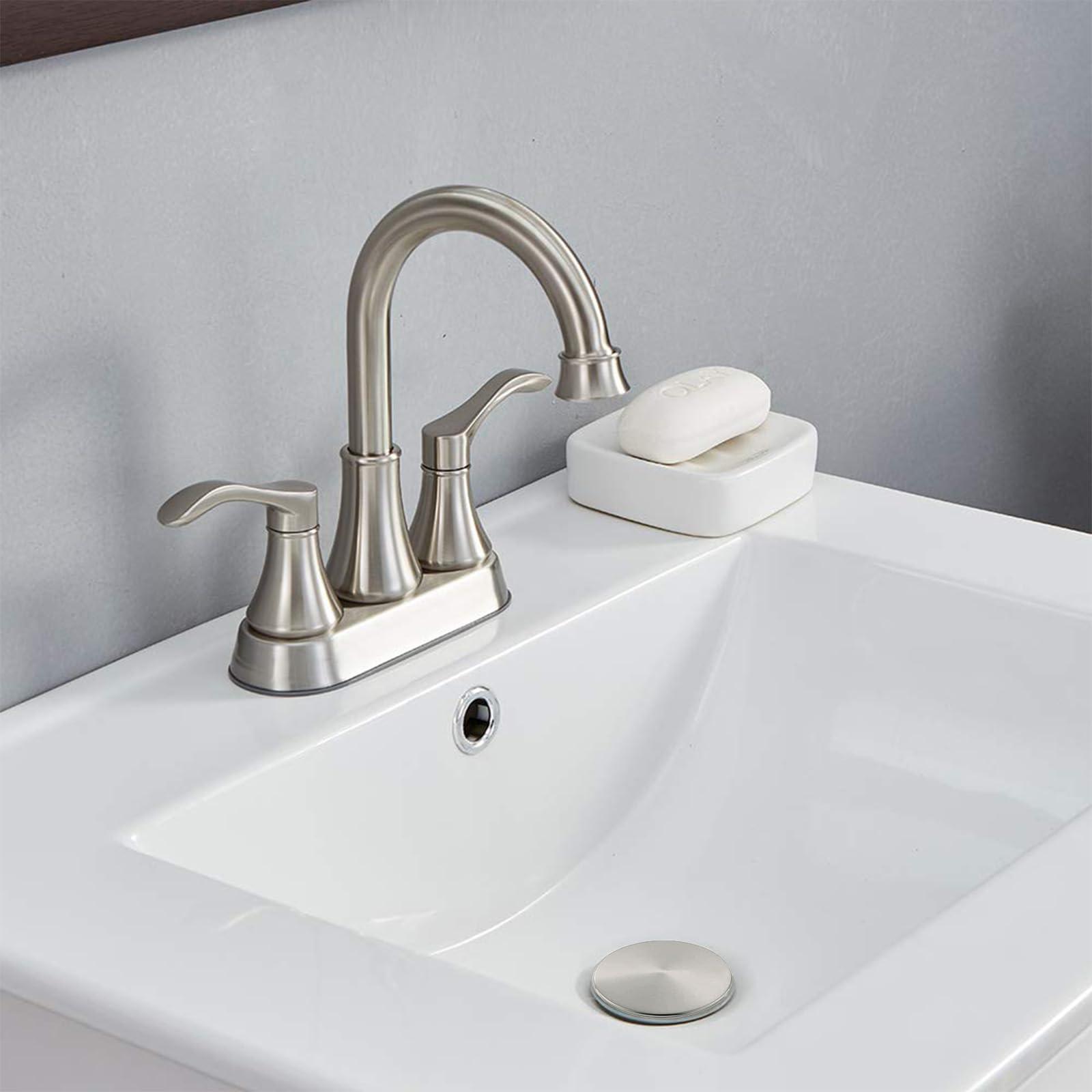 Lead-Free Commercial 2-Handle Brushed Nickel Bathroom Sink Faucet, 360° Swivel High-Arc Spout 4 Inch Centerset Lavatory Vanity Faucets Set for Bathroom Sink with Pop-up Drain & Water Hoses - Image 4