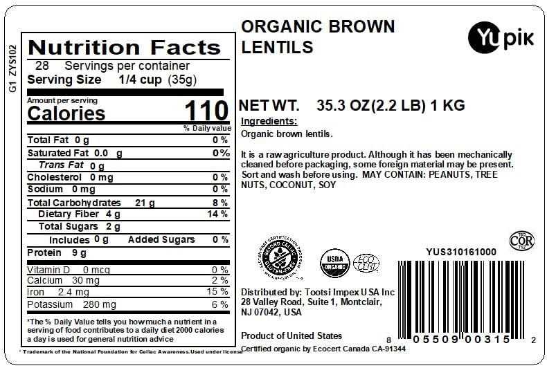 Yupik Organic Brown Lentils, 2.2 lb (35.2 oz), Non-GMO, Vegan, Gluten-Free, Kosher, Raw, Salt-Free, High in Fiber & Protein, Ideal for Soups, Salads & Meat Alternatives - Image 2