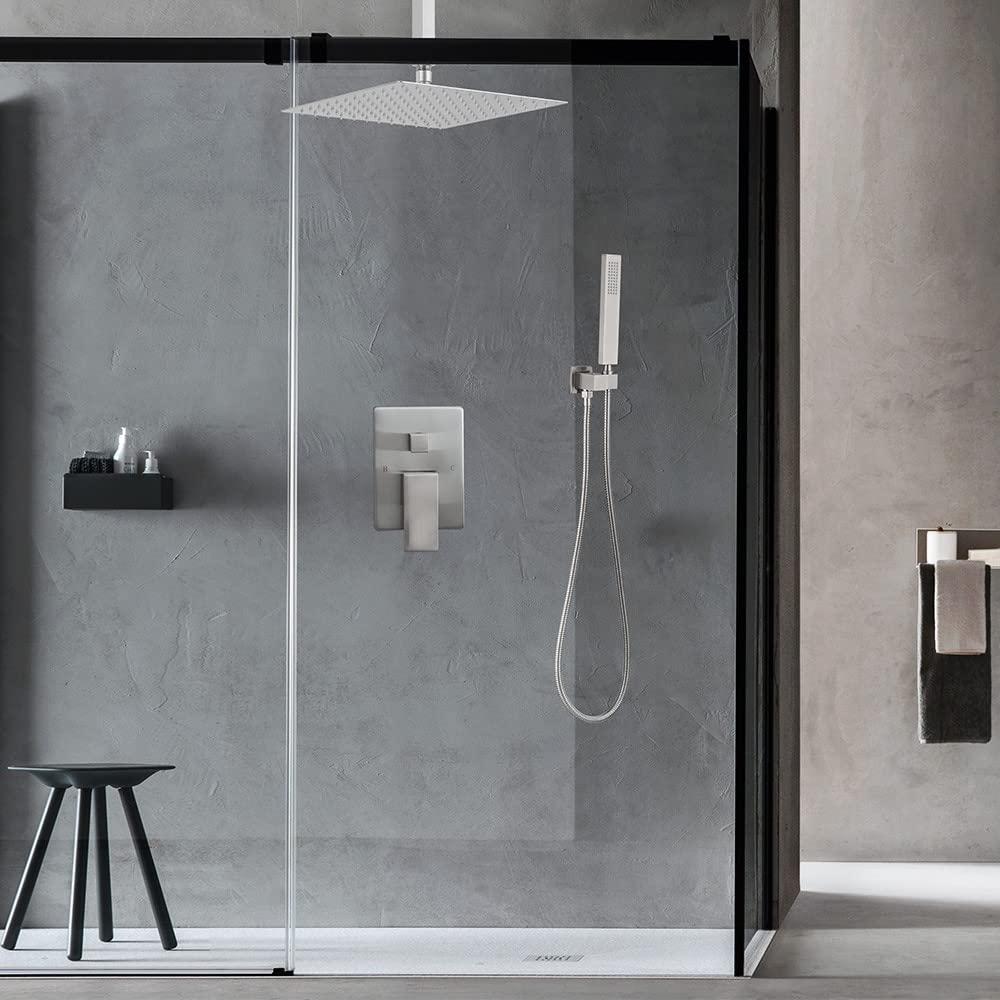 JingGang 12 Inch Ceiling Mount Brushed Nickel Shower System Bathroom Luxury Rain Mixer Shower Combo Set Ceiling Rainfall Shower Head System (Contain Shower Faucet Rough-in Valve Body and Trim) - Image 2