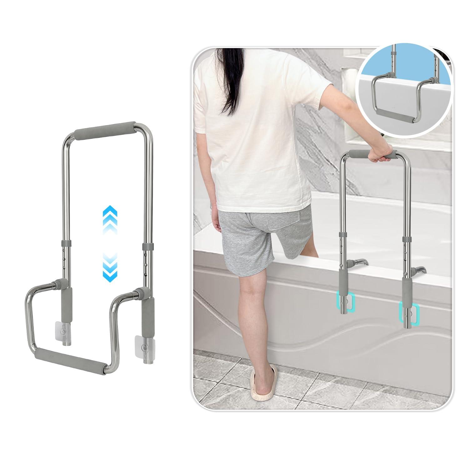 Bath Tub Handles for Seniors Shower Rails Elderly Adults Safety, Bathtub Clamp Grab Bars Helper No Drill, Handicap Bathroom Tub Support Bar Assist Devices, Help Getting Out of Bathtub