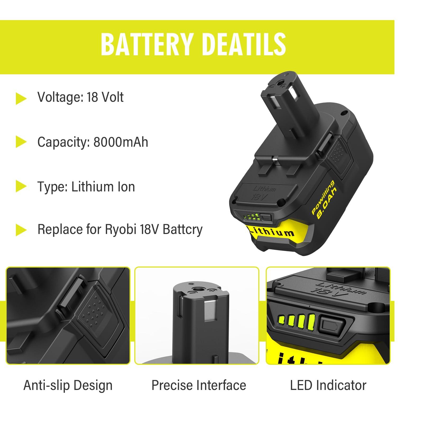 Powilling 2Packs 8.0Ah Battery Replacement for Ryobi 18V Battery, 18 Volt Lithium ion Batteries for Ryobi One 18V Cordless Tools P108 P107 P105 P104 P103 P102 - Image 2