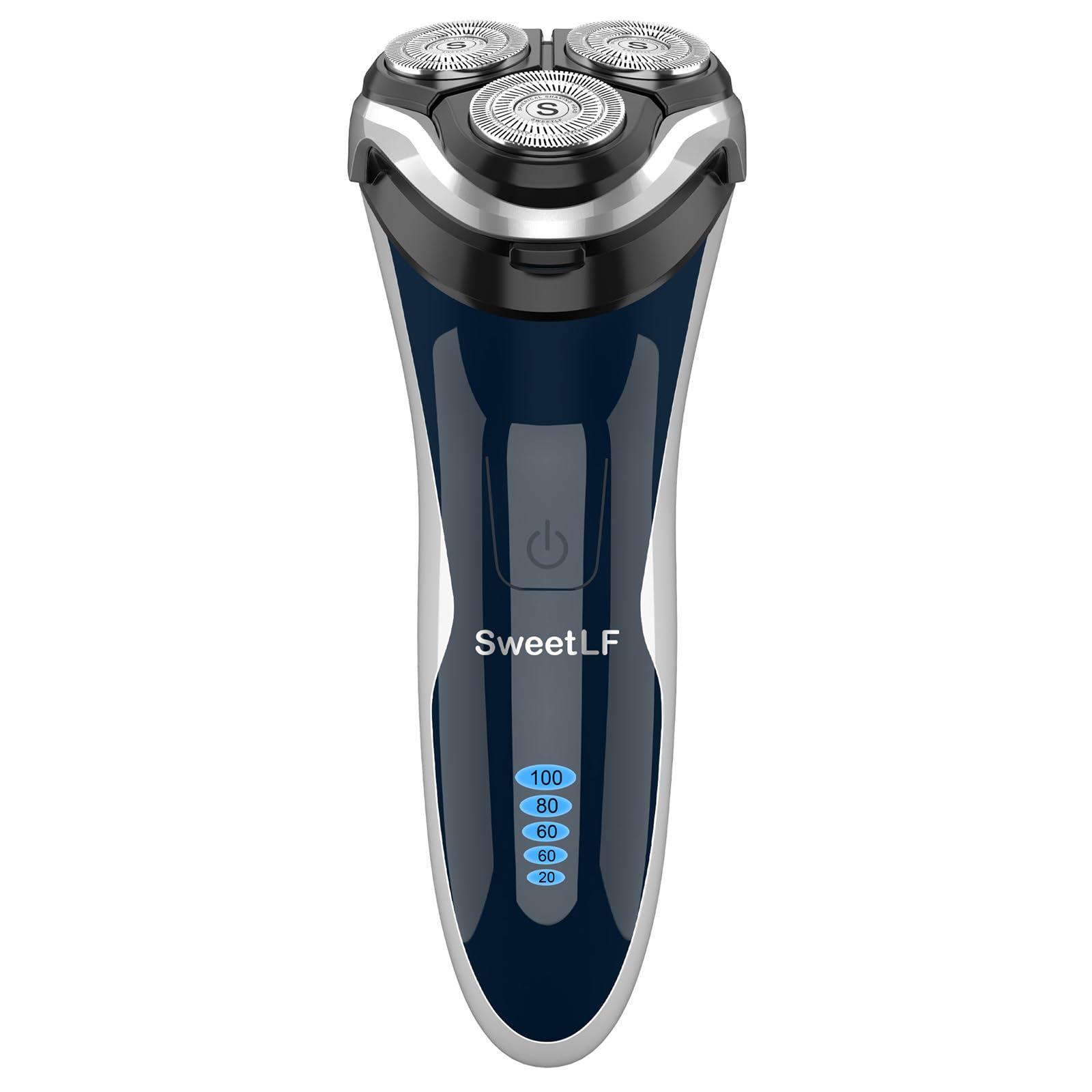 Electric Razor for Men, SweetLF 100% Waterproof Electric Shaver, Type C Rechargeable, Wet & Dry Rotary Shavers for Men with Pop up Trimmer, Corded and Cordless, Navy Blue
