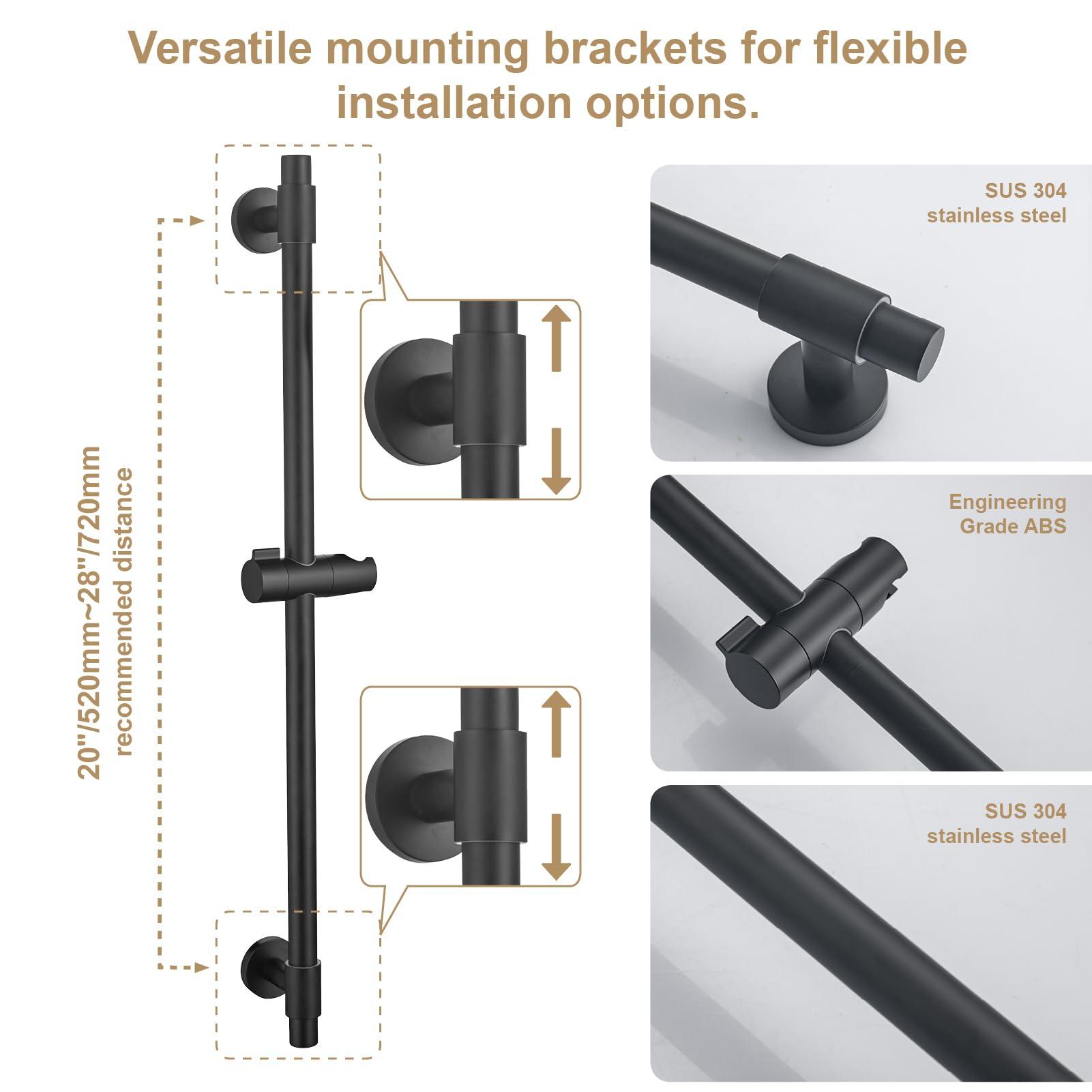 YSNOL Adjustable Shower Slide Bar with 5-Function Handheld Shower Head, Stainless Steel Grab Slide Bar Combo with Extra Hose (Matte Black) - Image 3