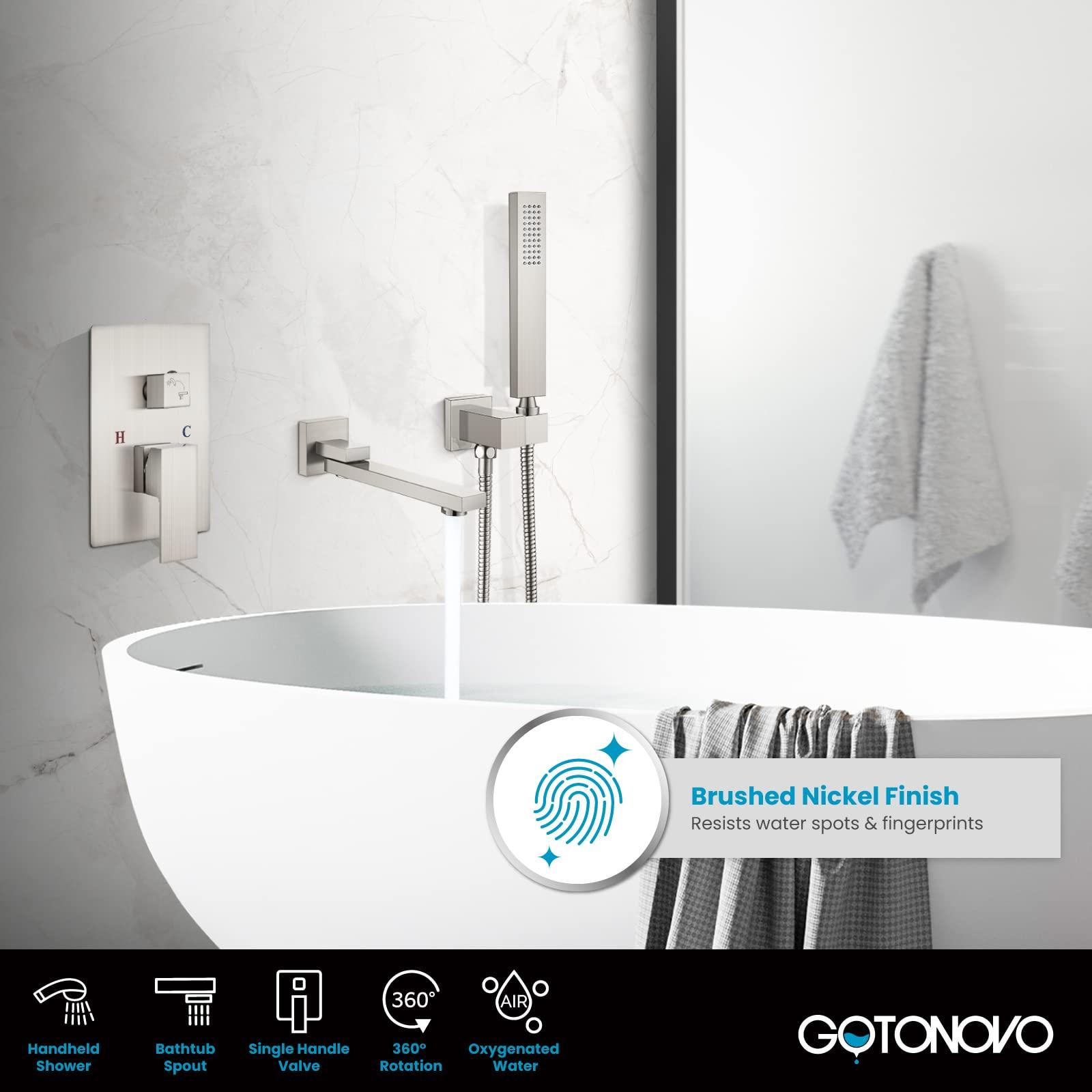 gotonovo Wall Mounted Bathtub Faucet with Hand Held Sprayer,Tub Shower Faucet Set,Single Handle Bathroom Shower System Mixer for Tub,Rough-In Valve Included Swivel Tub Spout Brushed Nickel - Image 3