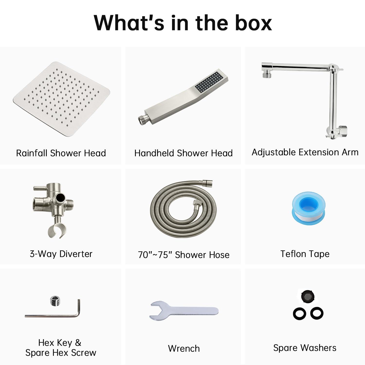 G-Promise All Metal 10 Inches Rainfall Shower Head with Handheld Spray Combo, 3 Settings Diverter, Adjustable Extension Arm with Lock Joints, 71 Inches Stainless Steel Hose (Brushed Nickel) - Image 6