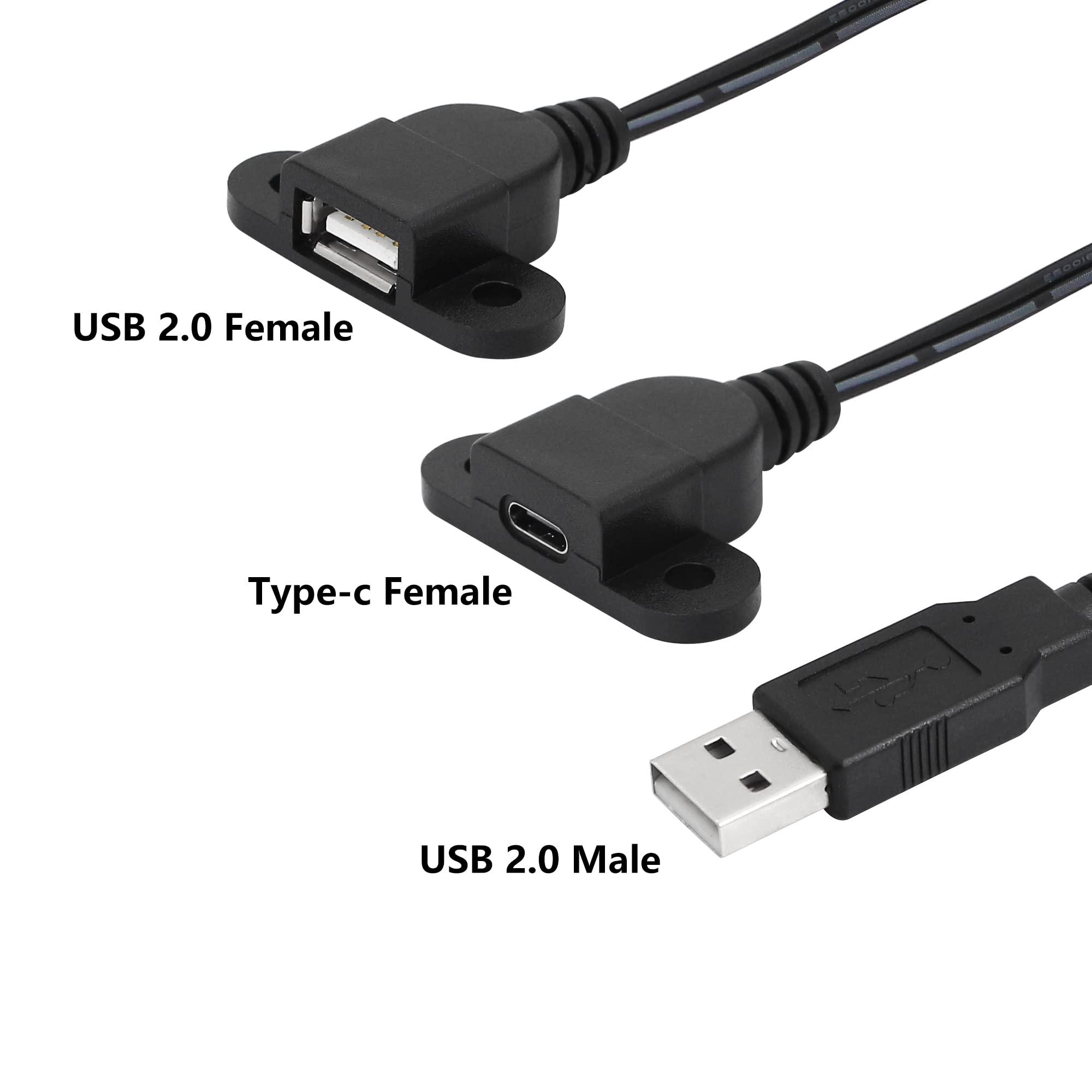 SinLoon USB 2.0 Charging Cable USB 2.0 Male to USB Female & Type-c Female Panel Mount Charging Cable for Wine Cabinet, Hotel,Furniture, Install USB Charging Port 1.5M (USB M/F&Type-C) - Image 2