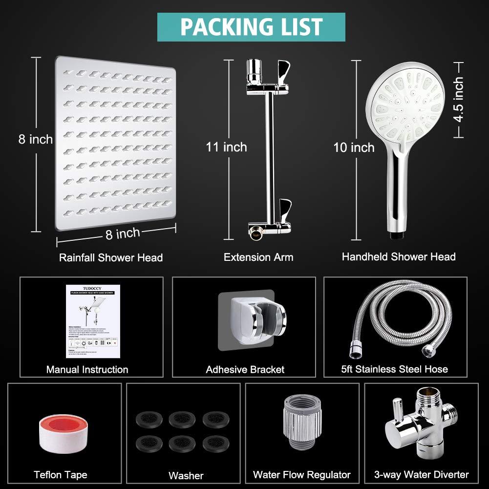 Shower Head, 8 Inch High Pressure Rainfall Shower Head/Handheld Shower Combo with 11 Inch Extension Arm, 9 Settings Adjustable Anti-leak Shower Head with Holder/Hose, Height/Angle Adjustable - Image 2