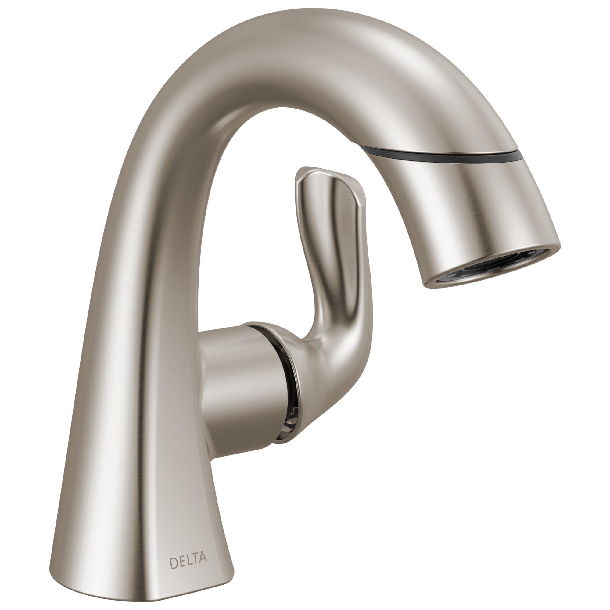 Delta Arvo 1 Hole Pull Down Bathroom Faucet with Sprayer, Brushed Nickel Single Hole Bathroom Sink Faucet with Pull Out Sprayer for Vanity, Push-Pop Drain, SpotShield Stainless 15840LF-SPPD