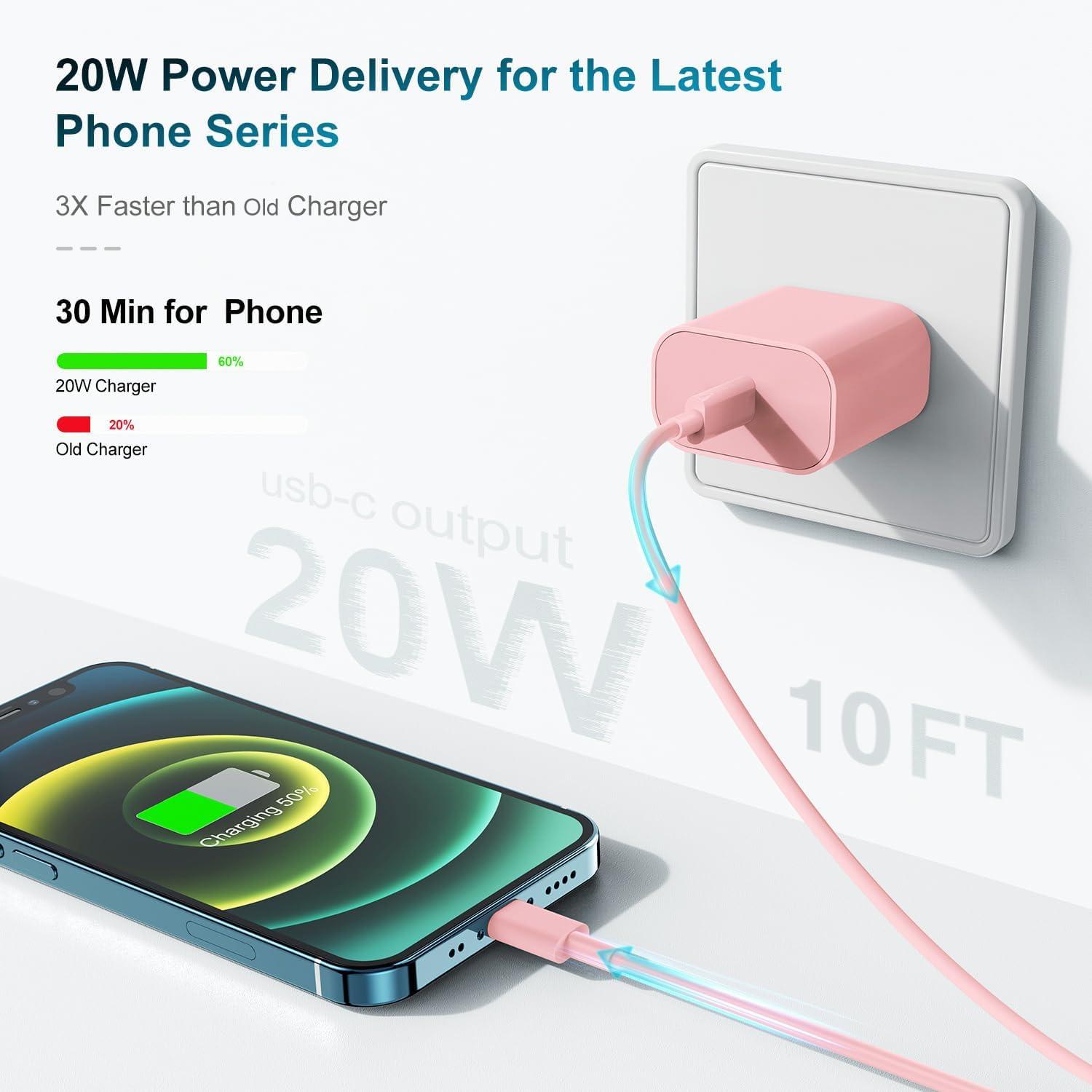 Phone Charger Fast Charging 10 FT, Long USB C to Lighting Cable 10 Foot with 20W USB C Rapid Phone Charger Block, Compatible with iPhone 14 Pro/13Pro Max/12/11Pro/Mini, 2 Pack - Pink - Image 2