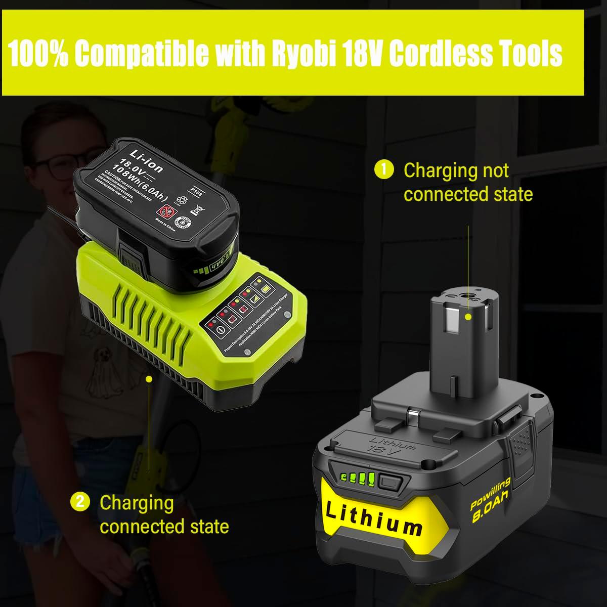 Powilling 2Packs 8.0Ah Battery Replacement for Ryobi 18V Battery, 18 Volt Lithium ion Batteries for Ryobi One 18V Cordless Tools P108 P107 P105 P104 P103 P102 - Image 5
