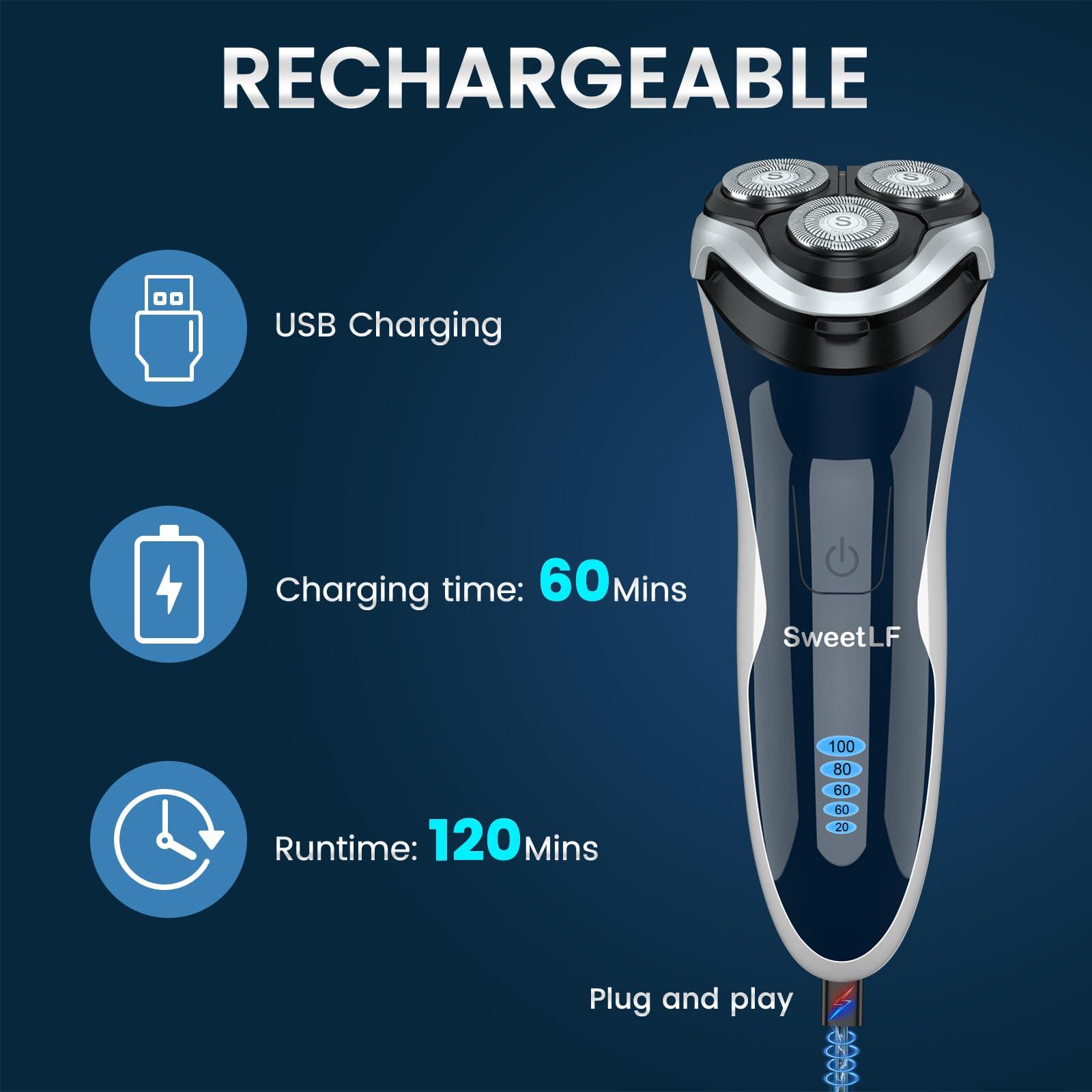 Electric Razor for Men, SweetLF 100% Waterproof Electric Shaver, Type C Rechargeable, Wet & Dry Rotary Shavers for Men with Pop up Trimmer, Corded and Cordless, Navy Blue - Image 6