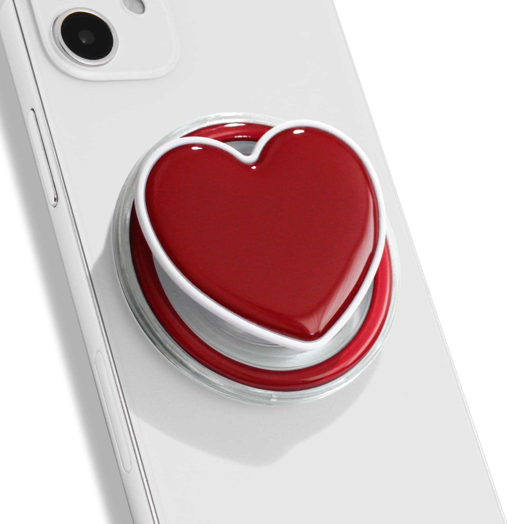 On The Grip Magnetic Cute Solid Macaron Color Heart Shape Collapsible Mobile Phone Grip Stand Holder for Smartphone Tablet Cell Phone Accessory (Magnetic Type, Red)