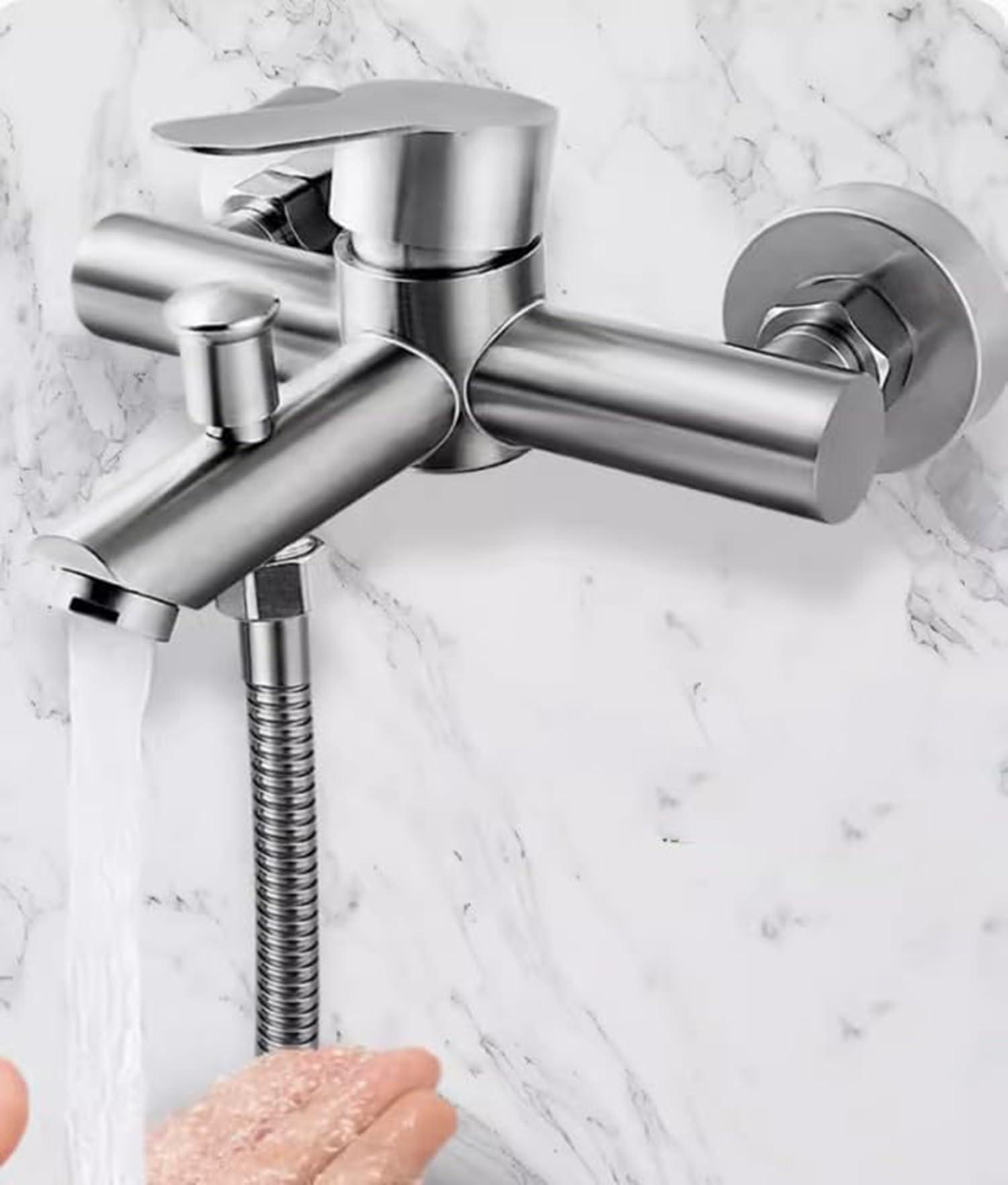 Stainless Steel Bathroom Exposed Shower Tub Faucet Wall-Mounted Shower Mixer Taps, Brushed Nickel Two Spout Manual Control Valve Switch Tap Bathroom Tub Filler - Image 2