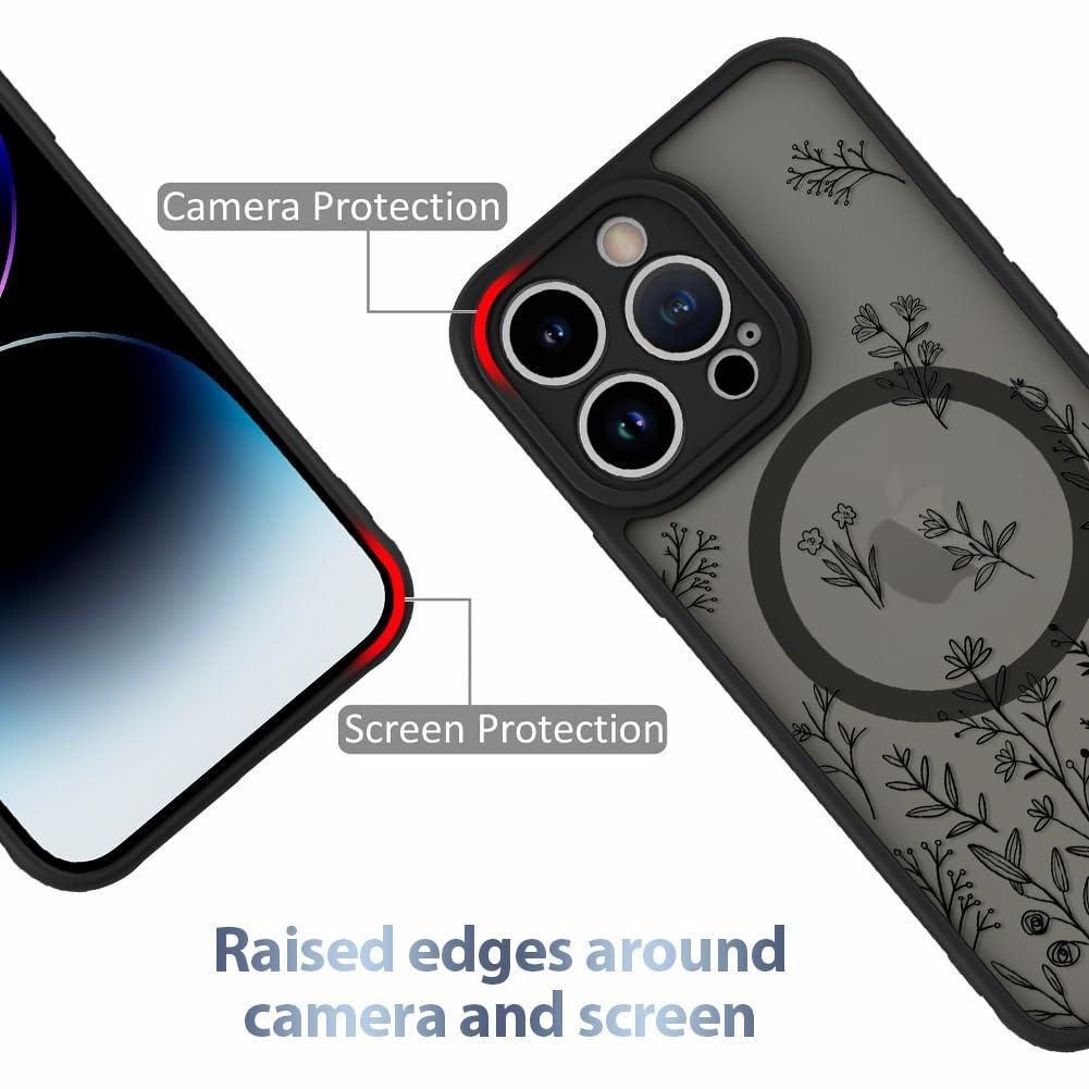 AIGOMARA Magnetic Case for iPhone 14 Pro [Compatible with MagSafe] Cute Black Flower Floral Case for Women Girls Soft TPU Bumper Hard PC Back Anti-Fall Shockproof Protective Slim Cover - Image 2
