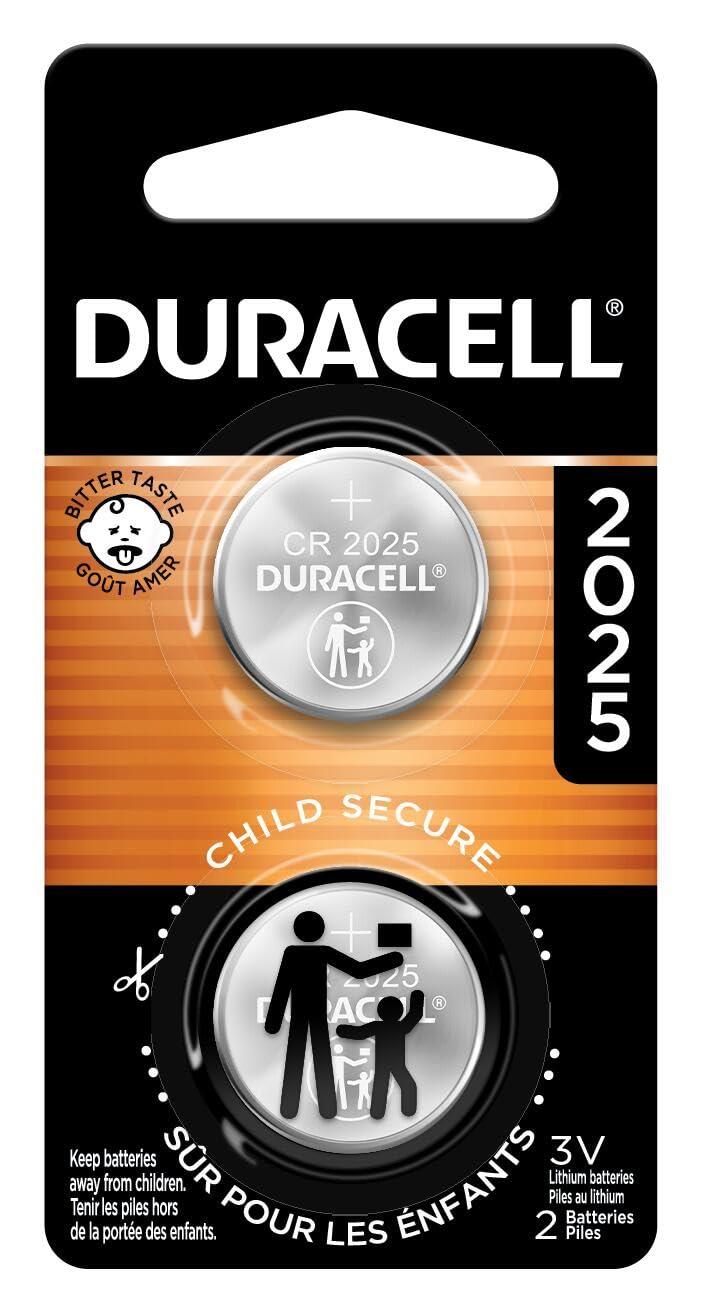 Duracell CR2025 3V Lithium Battery, Child Safety Features, 2 Count Pack, Lithium Coin Battery for Key Fob, Car Remote, Glucose Monitor, CR Lithium 3 Volt Cell