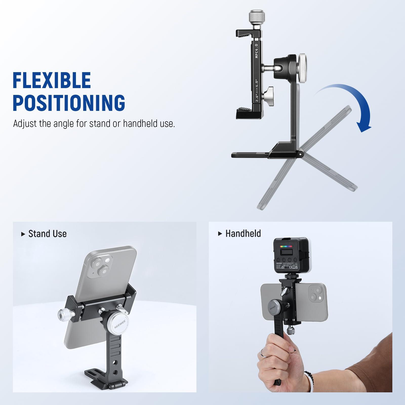 NEEWER Smartphone Tripod Mount Aluminum Alloy, 360° Rotatable Phone Stand Holder Clamp with Cold Shoe and Arca Base Compatible with iPhone 15 Pro Max Galaxy S24 Ultra Pixel & 2.6"-4" Wide Smartphones - Image 5