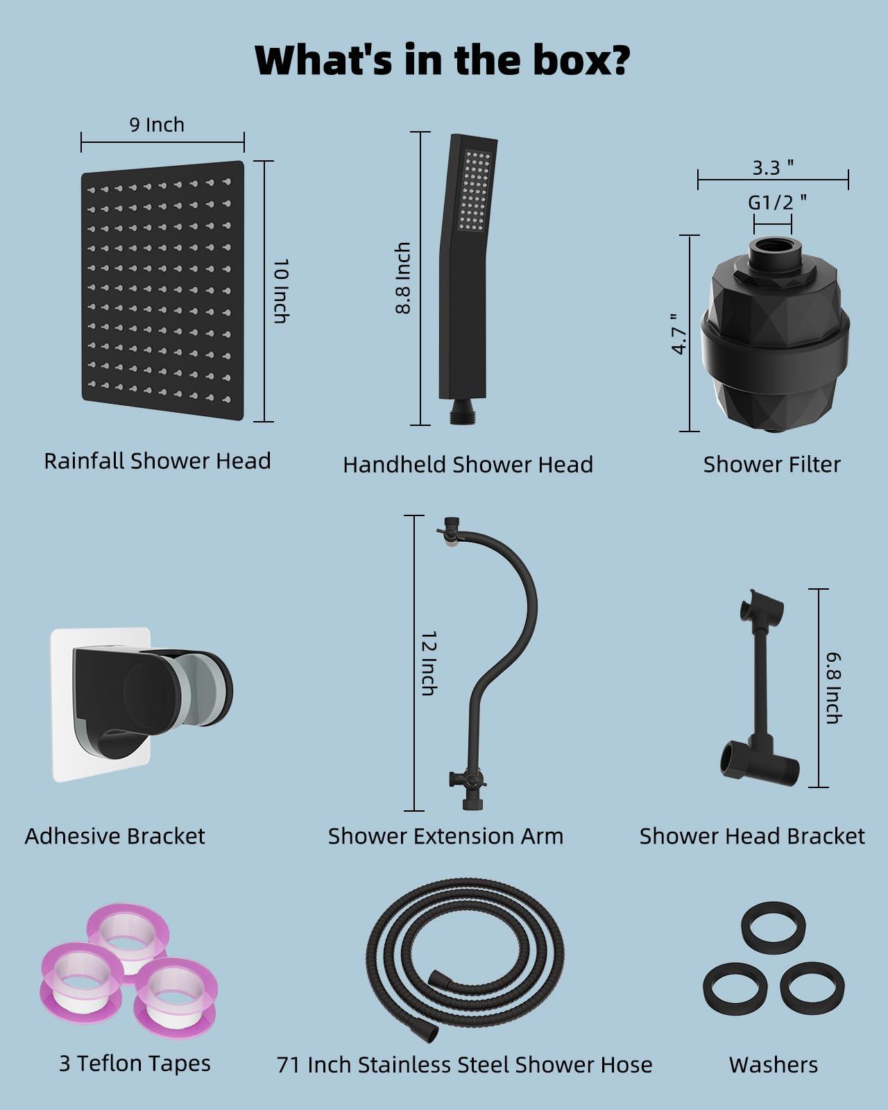 Hibbent All Metal 10'' Filtered Rainfall Shower Head Combo, High Pressure Handheld Shower Wand, 12'' Adjustable Extension Arm, 20 Stage Shower Filter, 71'' Hose, 2 Shower Head Holders, Matte Black - Image 2