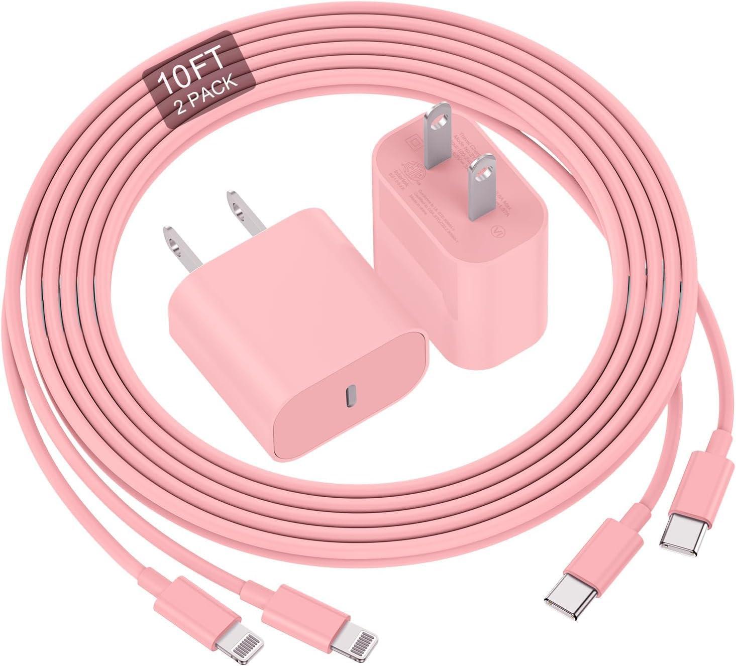 Phone Charger Fast Charging 10 FT, Long USB C to Lighting Cable 10 Foot with 20W USB C Rapid Phone Charger Block, Compatible with iPhone 14 Pro/13Pro Max/12/11Pro/Mini, 2 Pack - Pink