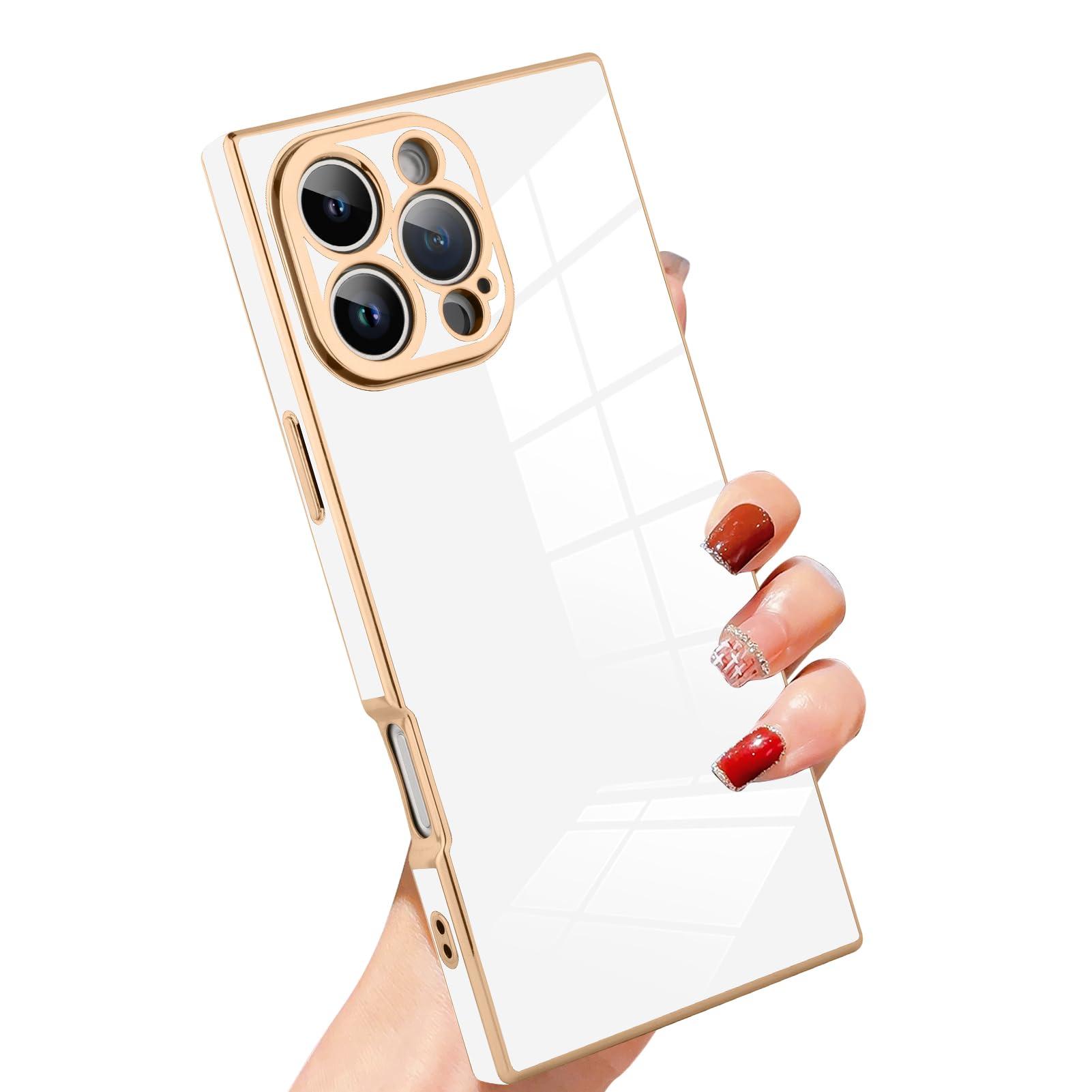 SAKUULO Case for iPhone 16 Pro Max Cute Plating Gold Case for Women Girls Soft TPU Shockproof Raised Full Camera Protection Electroplate Bumper Cover for iPhone 16 Pro Max 6.9"- White