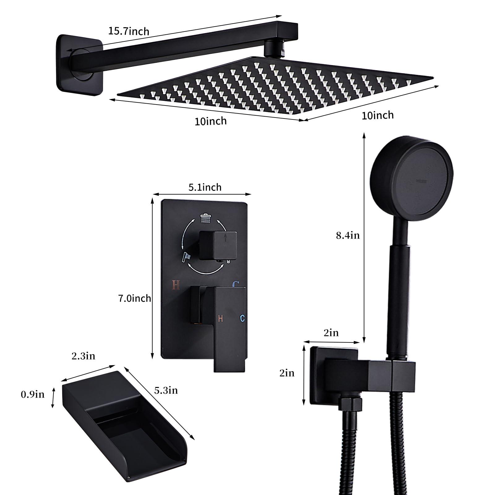 RTTWYYUU Matte Black Shower System With Tub Spout Faucet Set, Wall Mounted 10 Inch Shower Heads with Handheld Spray Combo and Tub Shower Faucet, Luxury Bathroom Square Rain Shower System - 4 Hooks - Image 2