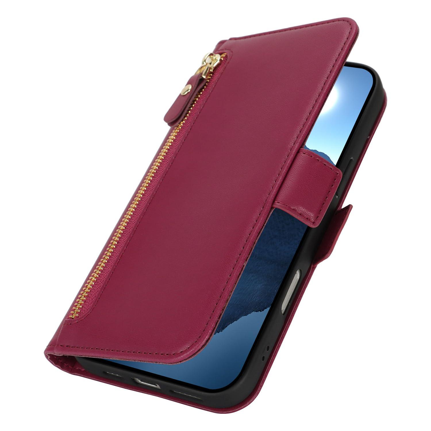 Lipvina for iPhone 16 Wallet Case for Women,Zipper Pocket,PU Leather Phone Case Stand flip Cover Crossbody Lanyard Strap Zipper Credit Card Holder Slots for Apple 16,Wine Red - Image 8