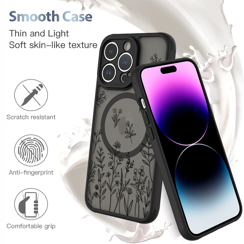 AIGOMARA Magnetic Case for iPhone 14 Pro [Compatible with MagSafe] Cute Black Flower Floral Case for Women Girls Soft TPU Bumper Hard PC Back Anti-Fall Shockproof Protective Slim Cover - Image 5