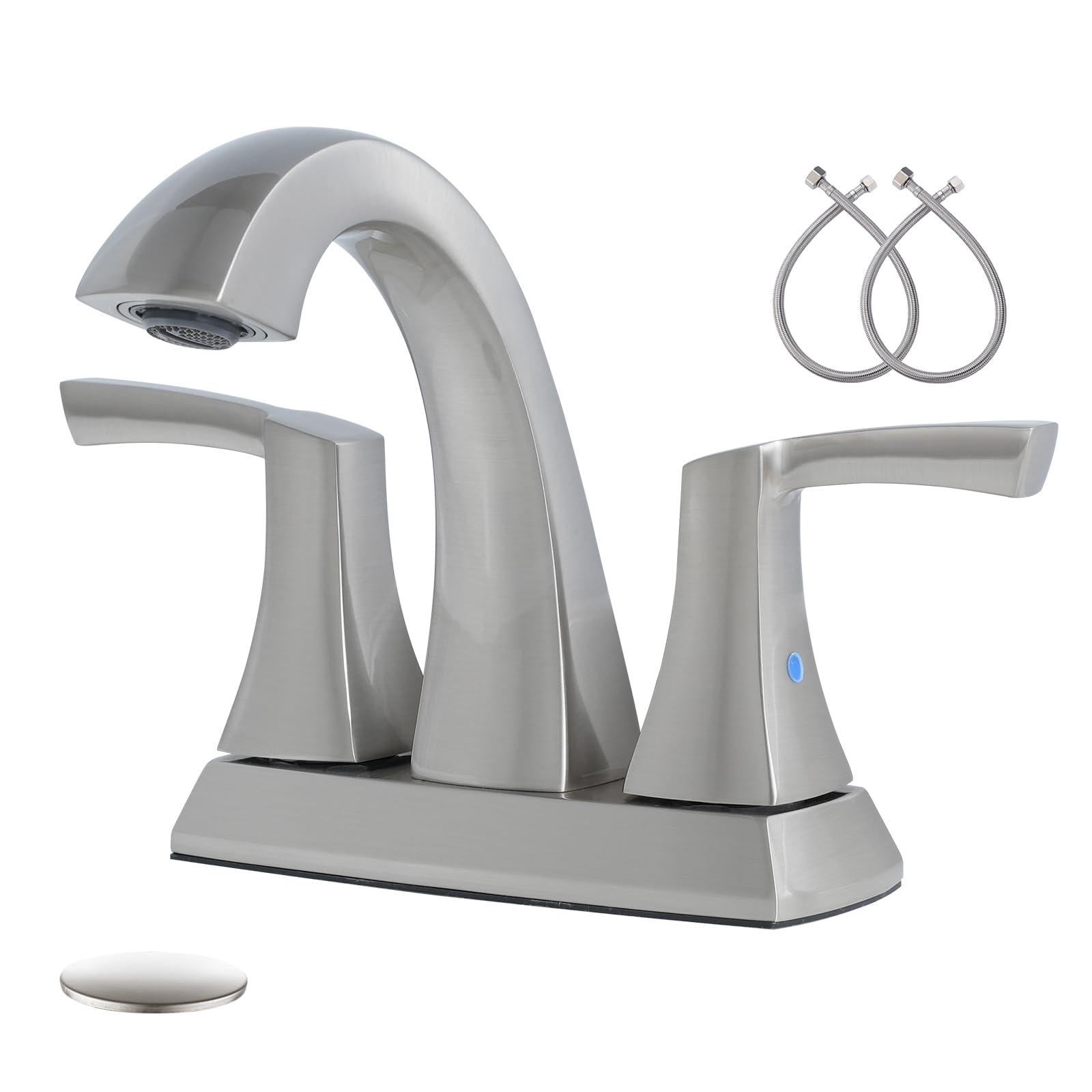 VXV Bathroom Faucet Brushed Nickel, 2 Handles Low Arc Bathroom Sink Faucets, 4 Inch Centerset Bath Lavatory Faucets with Pop-up Drain & Faucet Supply Lines (BN)