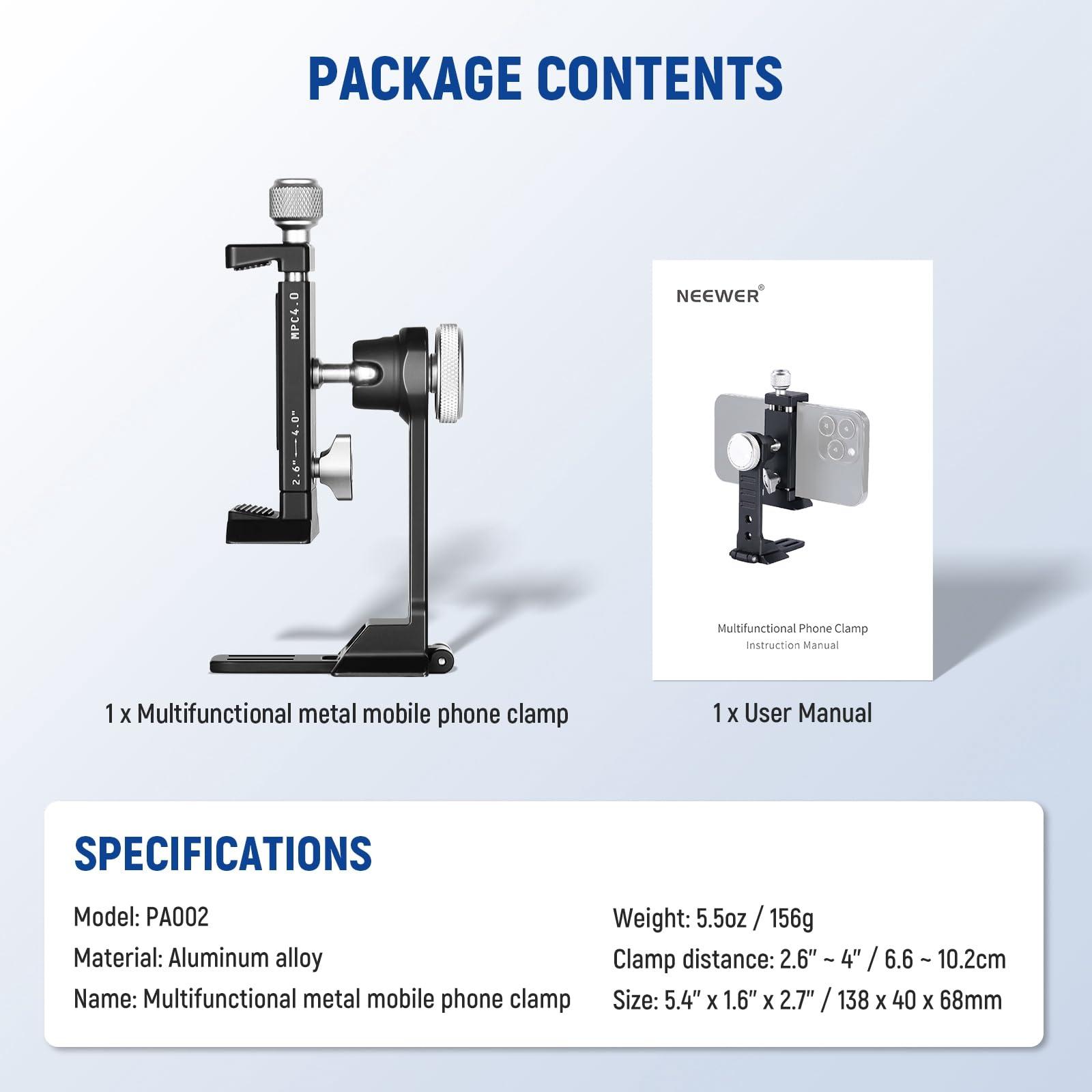 NEEWER Smartphone Tripod Mount Aluminum Alloy, 360° Rotatable Phone Stand Holder Clamp with Cold Shoe and Arca Base Compatible with iPhone 15 Pro Max Galaxy S24 Ultra Pixel & 2.6"-4" Wide Smartphones - Image 9