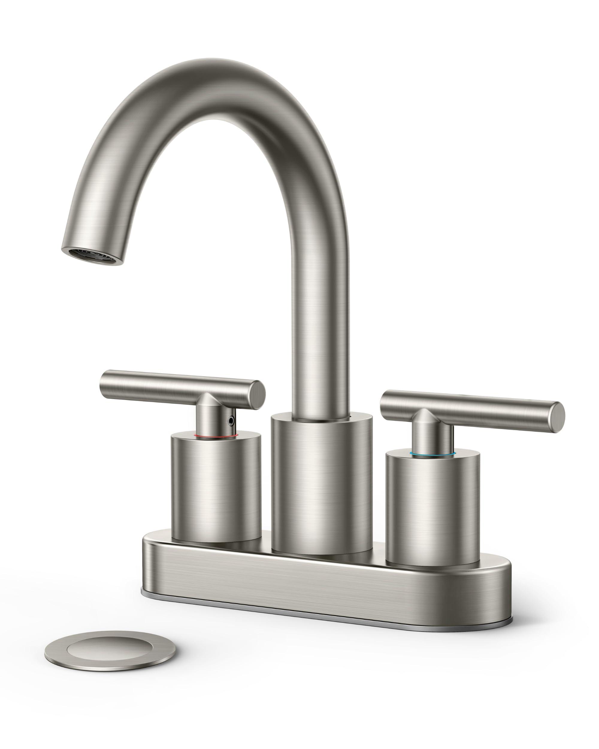 FORIOUS Brushed Nickel Bathroom Faucet 2 Hole, 4 Inch Centerset Bathroom Sink Faucet Brushed Nickel with Metal Dain, 24" CUPC Hoses, 360° Swivel Gooseneck for RV Basin