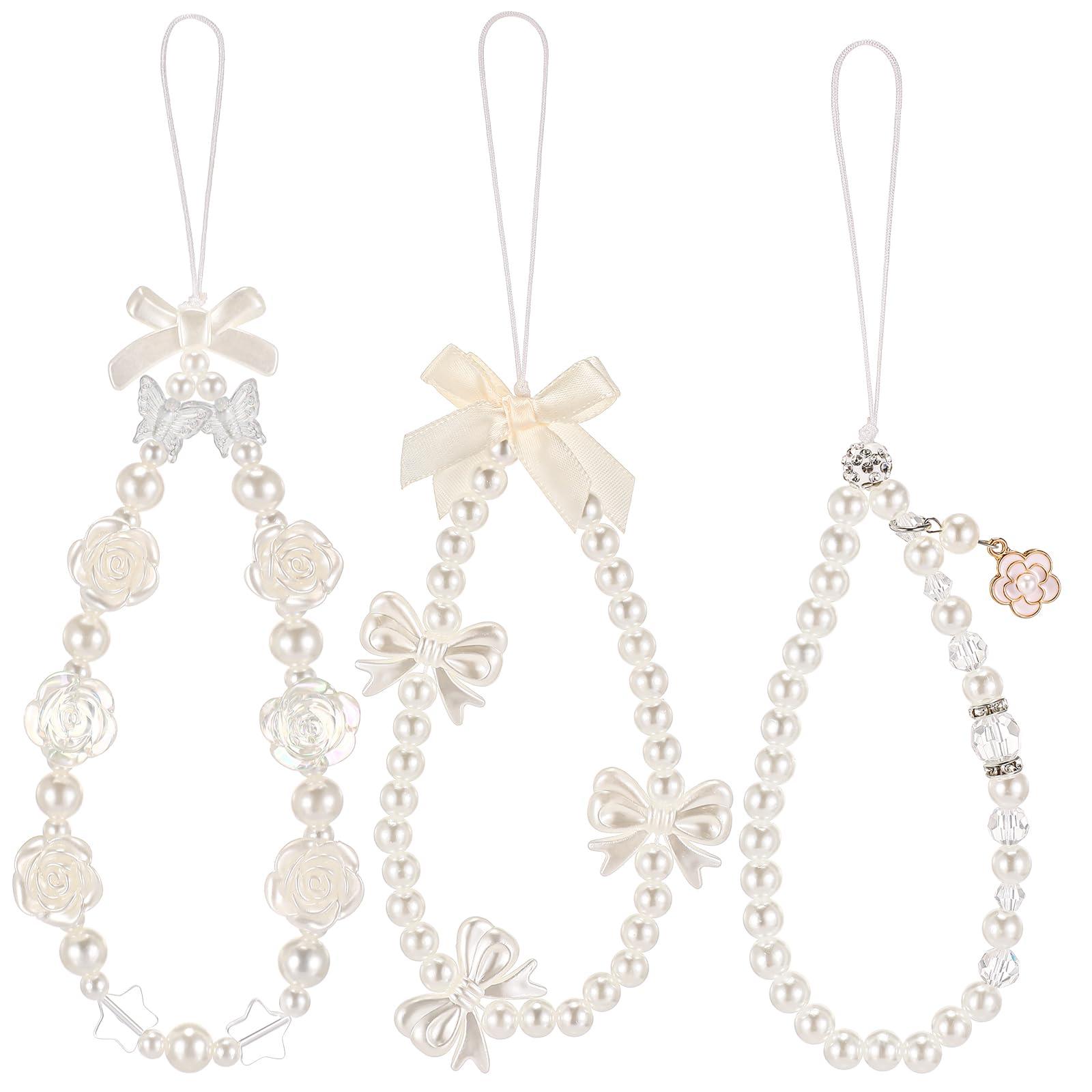 Ecally 3 Pcs Phone Wrist Strap Beaded Pearl Butterfly Cell Phone Charm Strap Cute Flower Y2k Lanyard for Camera Keychain Wallet Pendant Decor