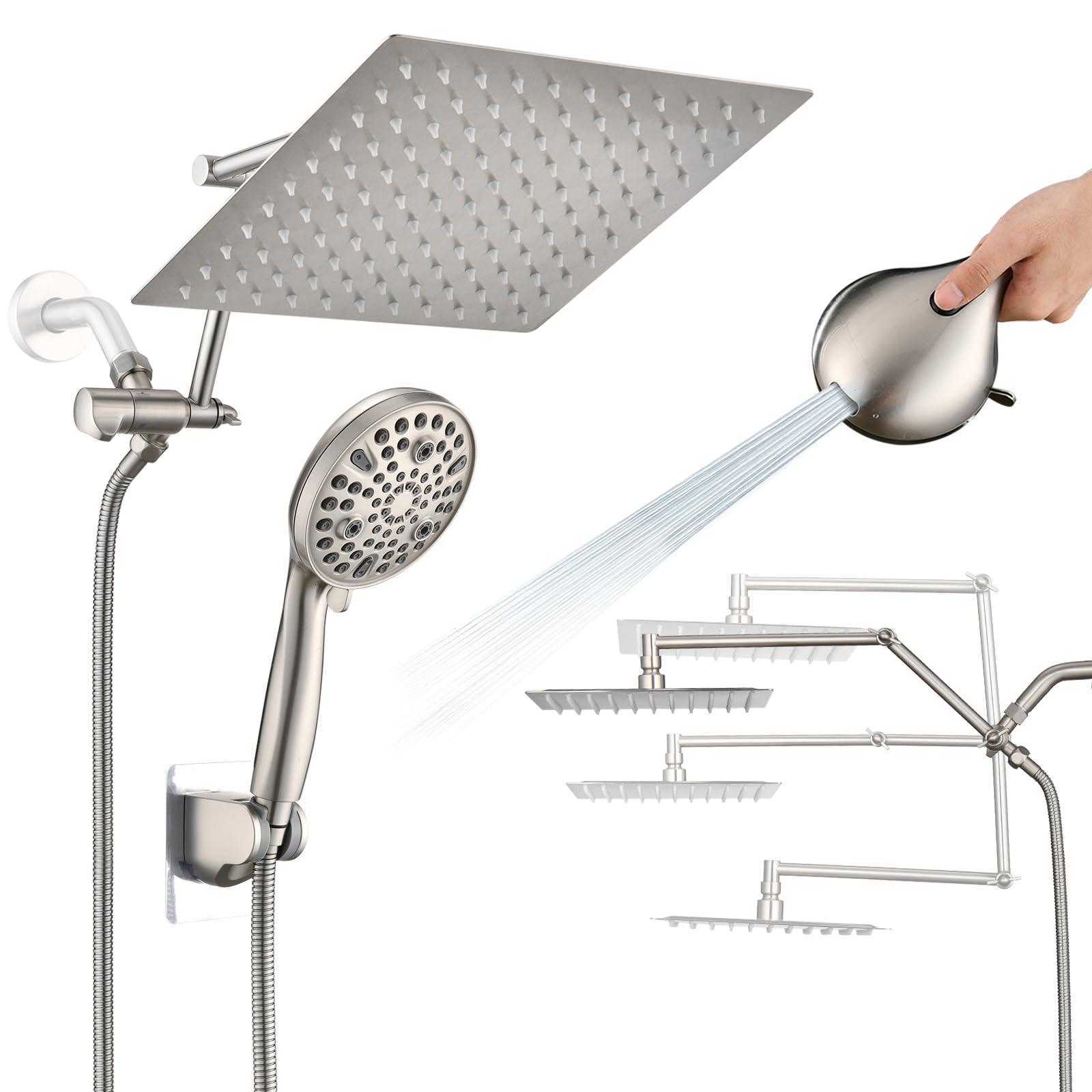PDPBath 10" Rainfall Shower Head with Handheld Spray, Dual Rain Showerhead with High Pressure 10-Setting Wand Combo, 16" Adjustable Extension Arm Build-in 3-way Diverter, 6ft Hose -Brushed Nickel
