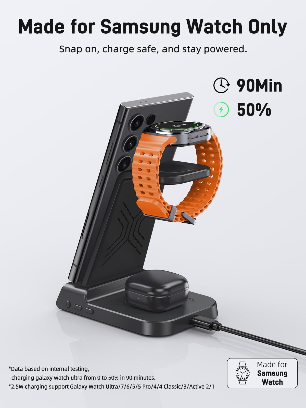 Wireless Charger for Samsung Charging Station, 3 in 1 Android Phone Wireless Charger for Samsung Galaxy S25 Ultra/S24 Ultra/S23/Z Flip 6/Fold 6/Buds, Charger for Galaxy Watch Ultra/7/6/5/4/3 (Black) - Image 3