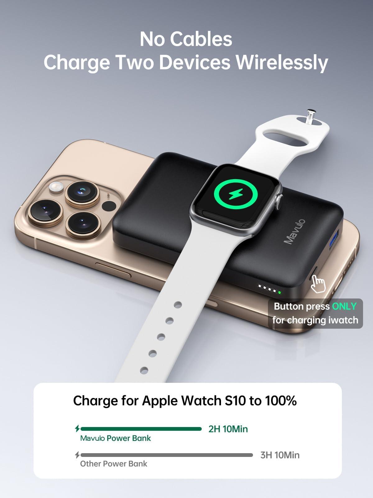 Mavulo 2 in 1 Wireless Portable Charger for Apple Watch and iPhone, 12000mAh Magnetic Power Bank 20W USB C Fast Charging Battery Pack for iPhone 16 15 14 13 12 Series Travel iWatch Charger - Image 3