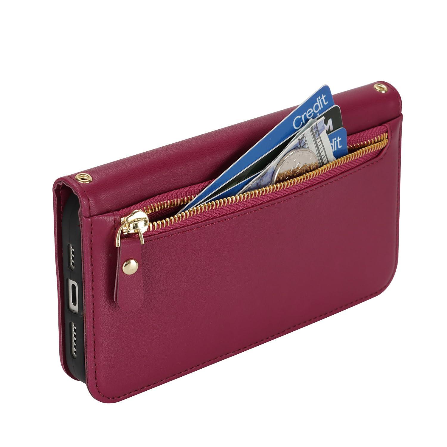Lipvina for iPhone 16 Wallet Case for Women,Zipper Pocket,PU Leather Phone Case Stand flip Cover Crossbody Lanyard Strap Zipper Credit Card Holder Slots for Apple 16,Wine Red - Image 7