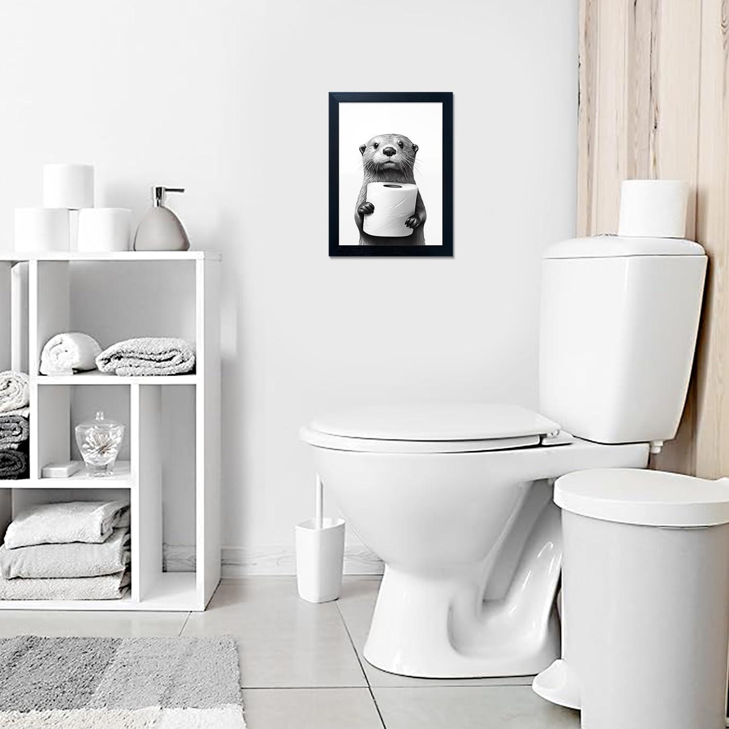Bathroom Picture Wall Decor, Framed Black and White Bathroom Wall Art, Toilet Paper in Little Funny Raccoon's Hand Animal Canvas Print Painting - Image 6