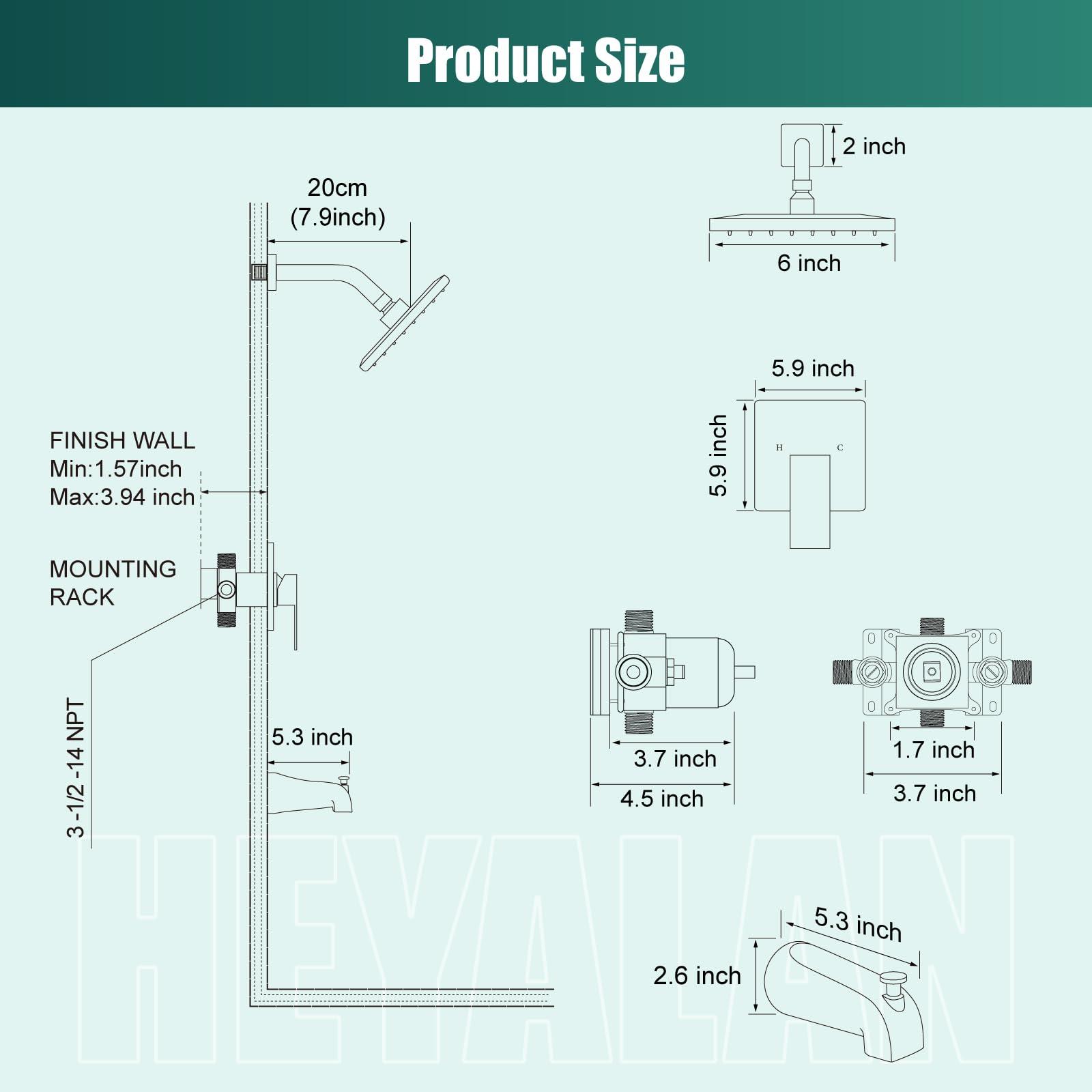 Heyalan Bathtub Shower Faucet Set,6 Inch Square Shower Trim Kit Single Handle Shower System,Showerhead and Handle Set Male Thread Pressure Balance Valve,With Tub Spout,Polished Chrome - Image 8