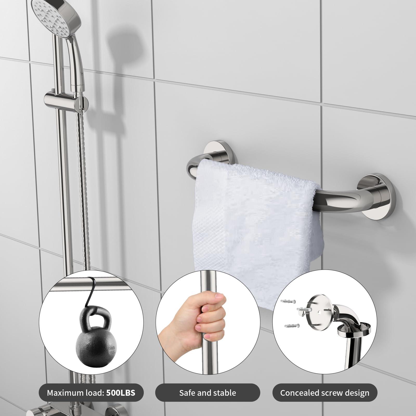 12 Inch Stainless Steel Shower Grab Bar - ZUEXT Shower Handle, Bathroom Balance Bar - Safety Hand Rail Support - Handicap, Elderly, Injury, Senior Assist Bath Handle (w/Self-Adhesive Stick-on Hook) - Image 3