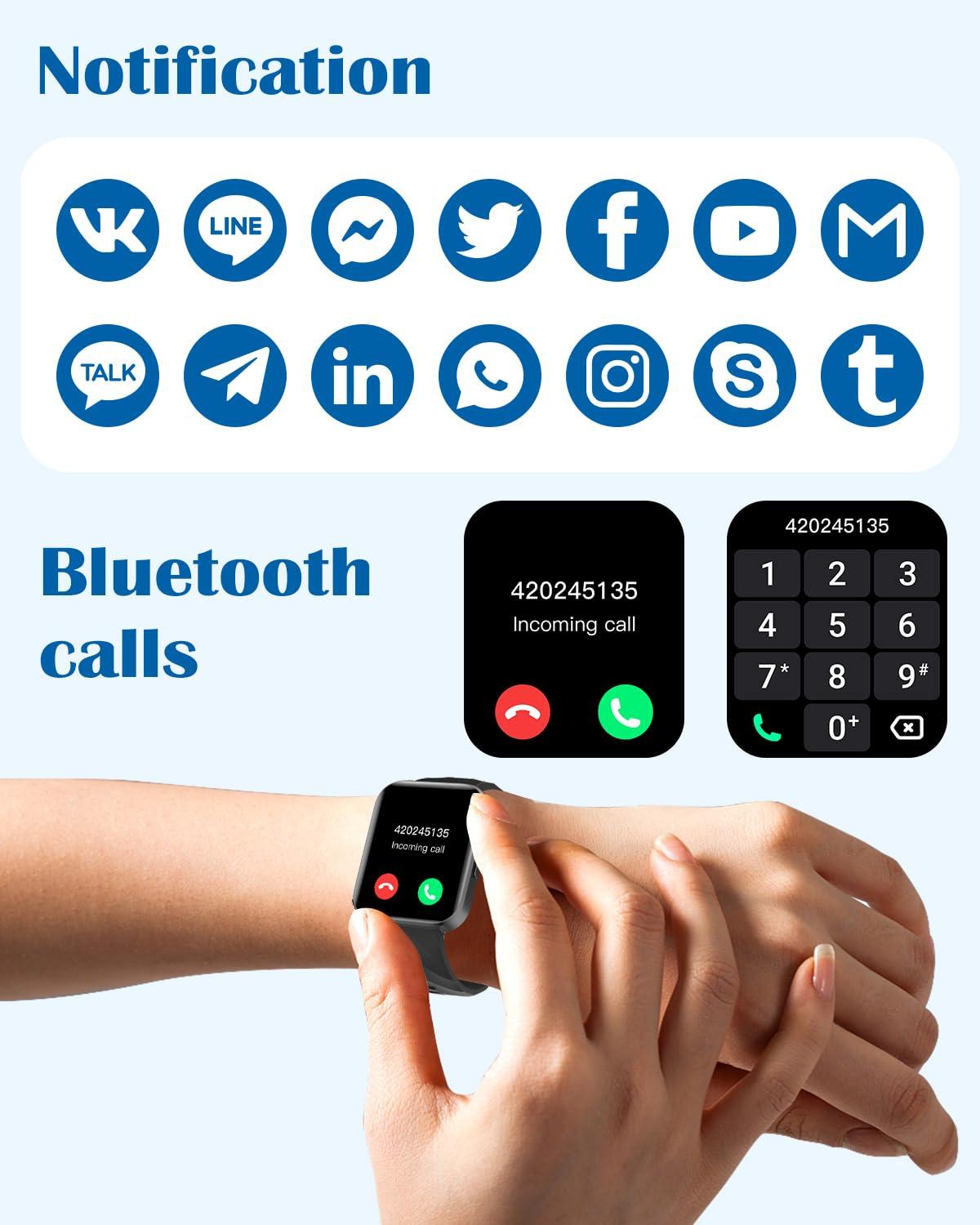 RUIMEN Smart Watches for Men Women (Answer/Make Calls) Compatible with iPhone/Android Phones, 1.85" HD Screen Fitness Tracker Heart Rate Monitor 100+ Sports Tracker Watch Waterproof (Black) - Image 2