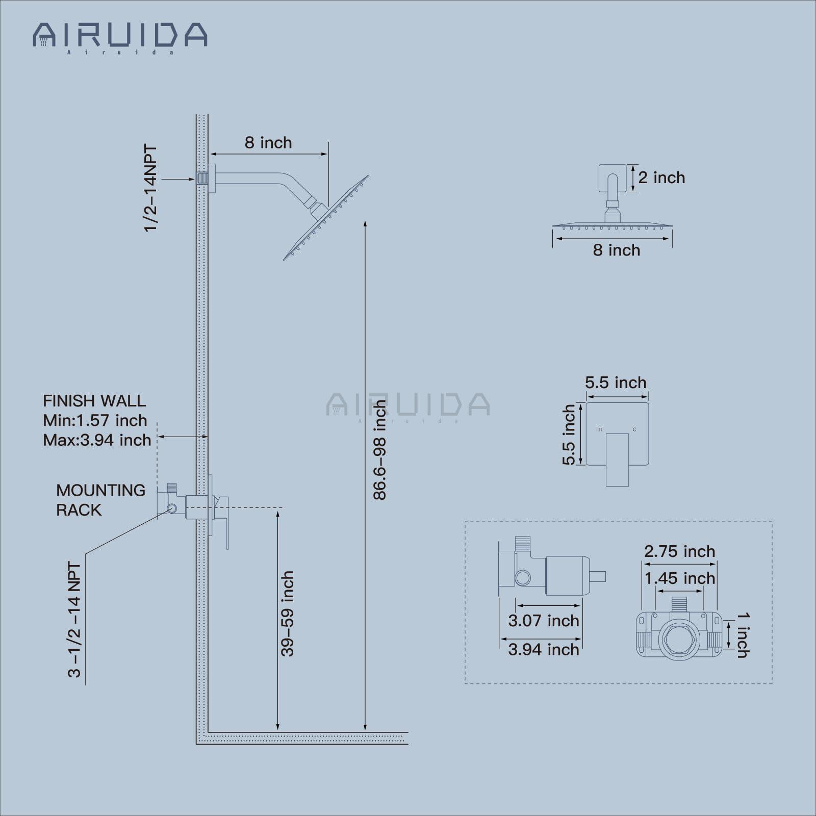 Airuida Shower Faucet Set Bathroom Rain Shower System SUS304 Stainless Steel Single Handle With Male Threads Rough-in Valve Shower Trim Kit 8 Inch Wall Mount Shower Head Matte Black - Image 6