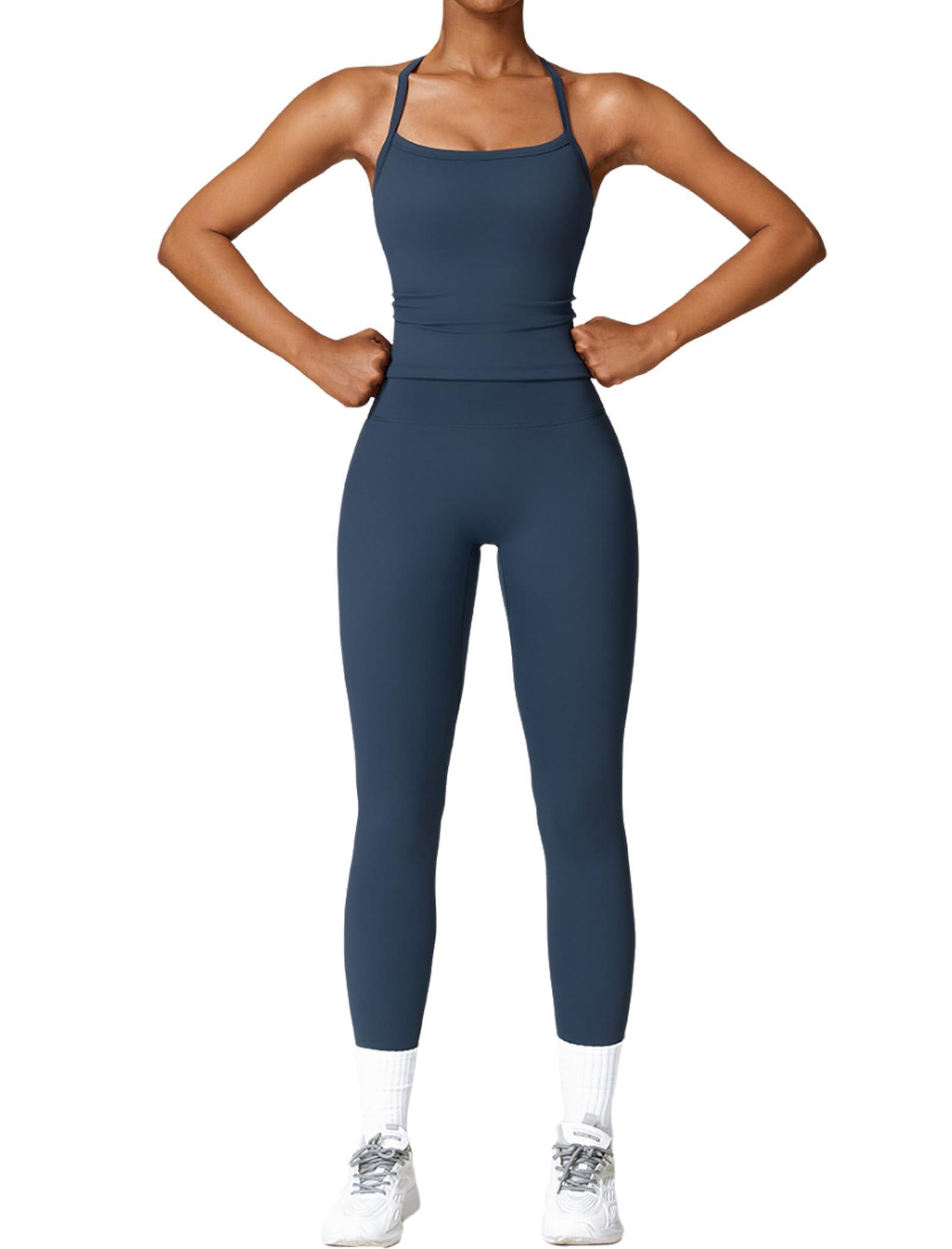 QBGJTD Womens Workout Sets Two Piece Cross Back Tank Top Matching High Waist Leggings Sets Gym Outfits Work Out Clothes