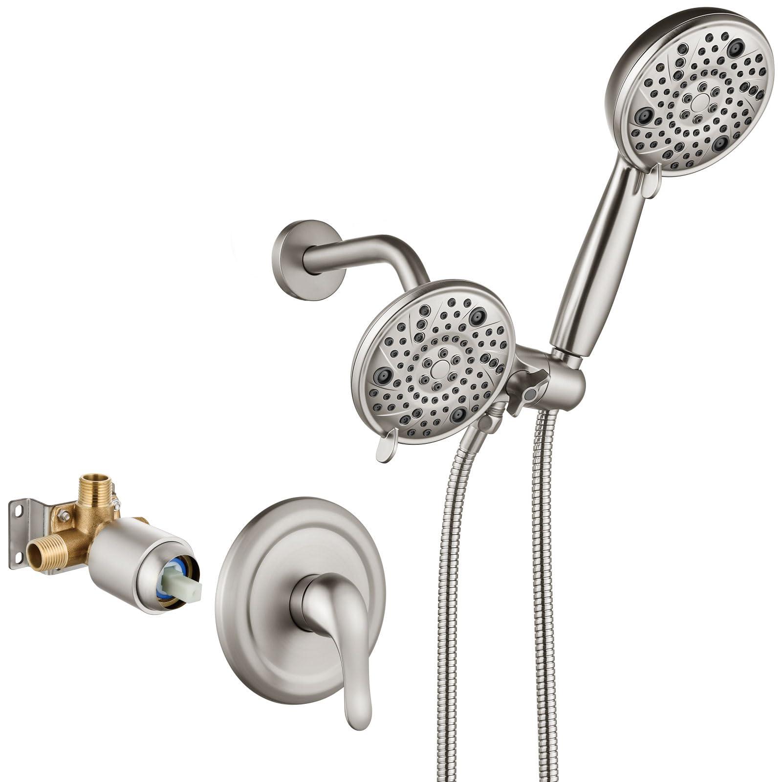 Aolemi Shower Faucet Set Rain Shower Head System Shower Trim Kit Pressure Rough-in Valve Included 8 Setting Dual Shower Head and Handheld Spray Brushed Nickel