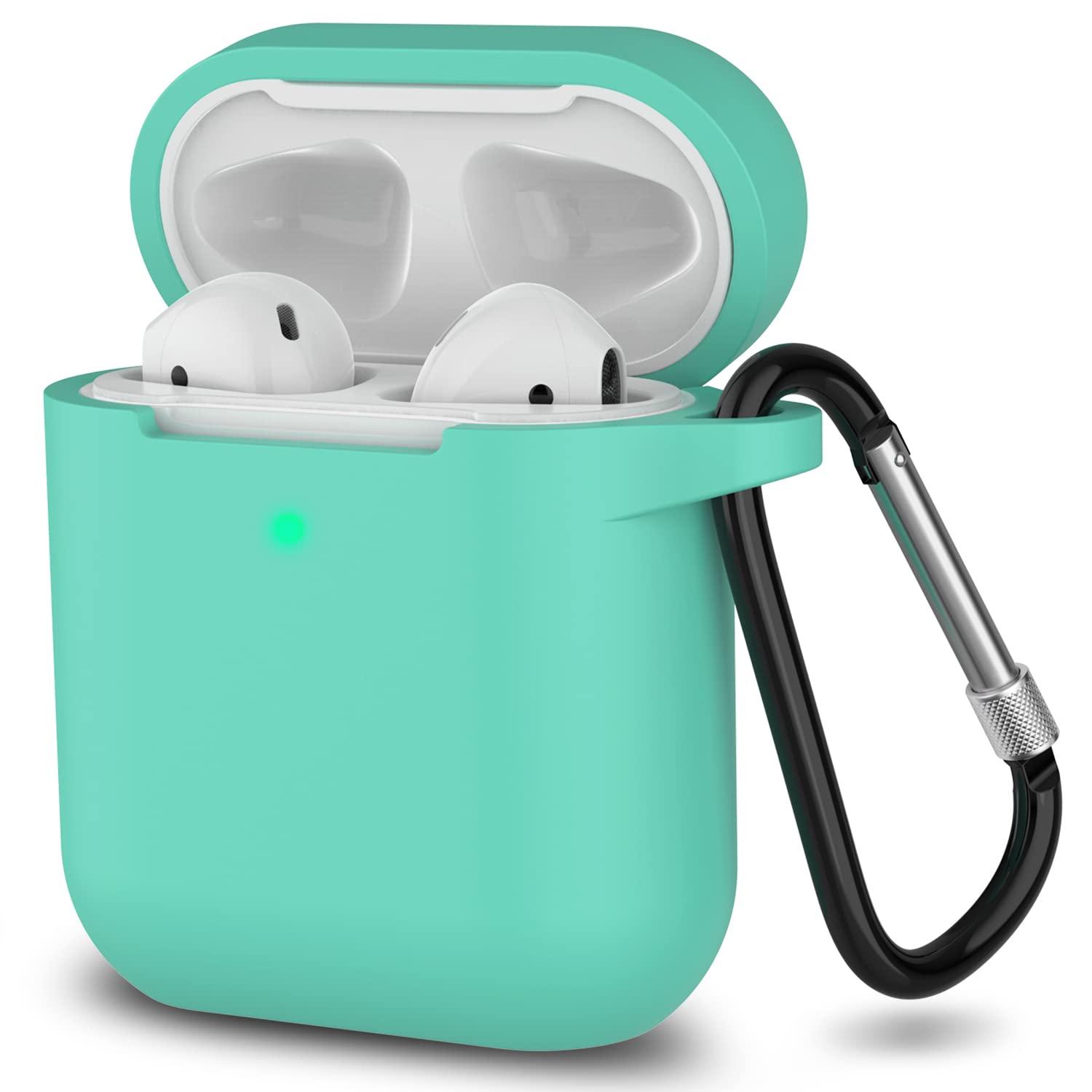SATLITOG Case Cover with Secure Lock Keychain, Protective Silicone Cover Compatible with Apple AirPods 2nd & 1st Charging Case - Mint Green