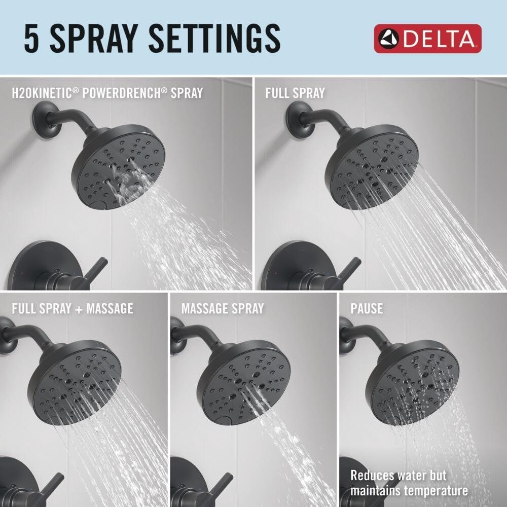 Delta Faucet Nicoli 14 Series Single-Handle Tub and Shower Trim Kit, Shower Faucet with 5-Spray H2Okinetic Shower Head, Matte Black 144749-BL (Shower Valve Included) - Image 6